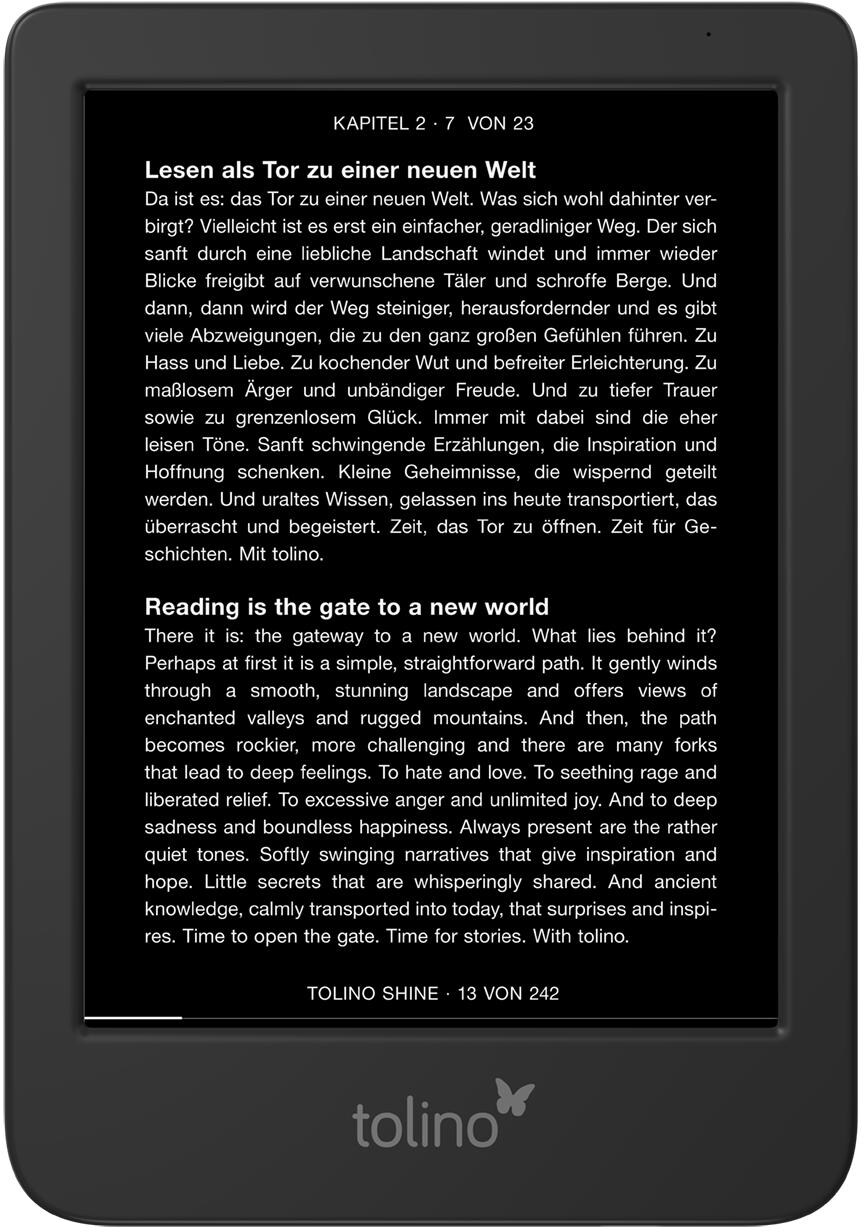 E-reader con testo sullo schermo. Cornice nera, sfondo bianco.
