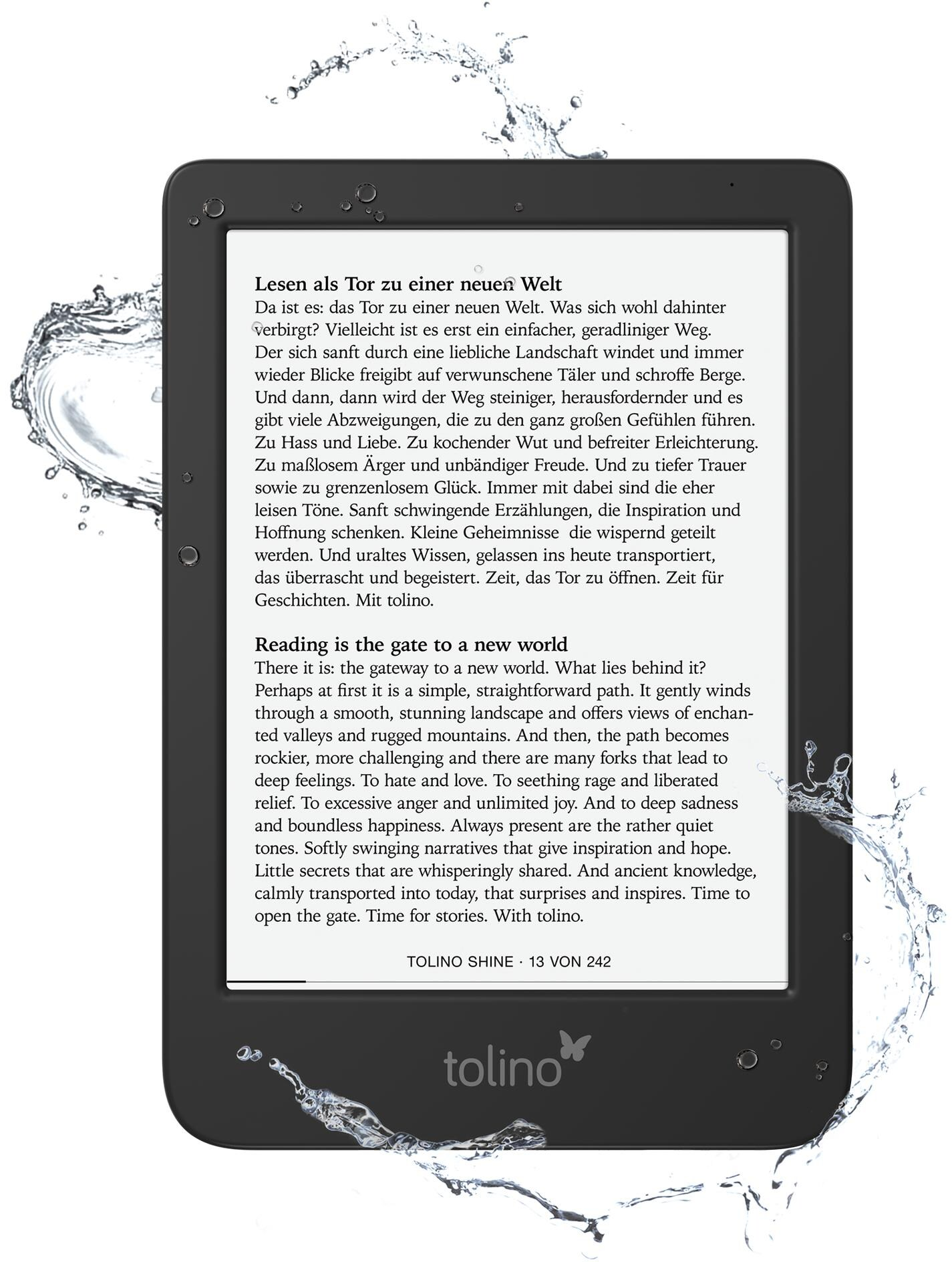 E-reader con testo sulla lettura, circondato da spruzzi d'acqua, che mostra testo in inglese e tedesco.