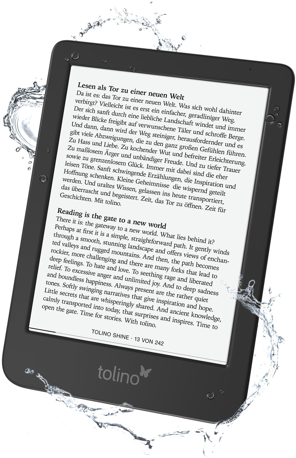Un lettore di ebook su sfondo bianco con schizzi d'acqua intorno.