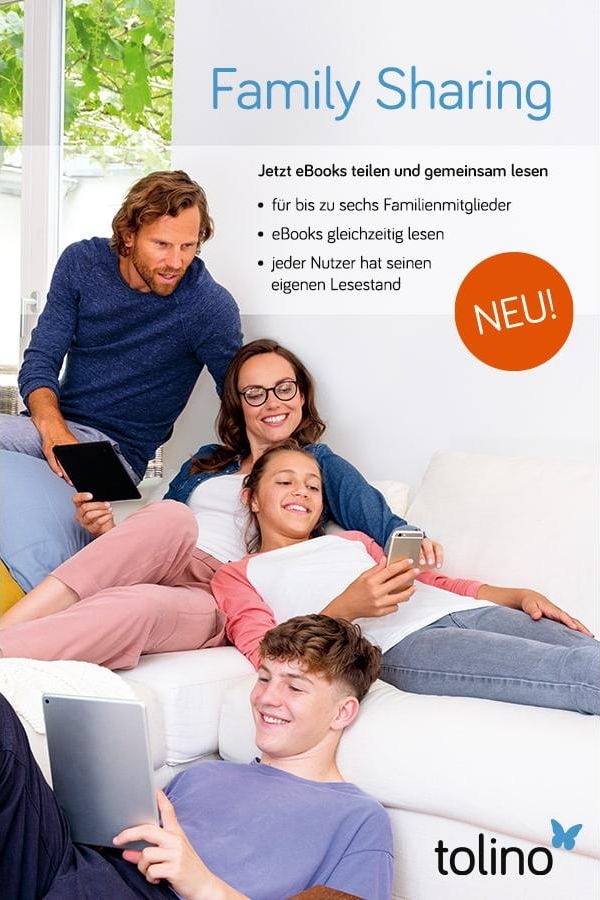 Una famiglia sul divano, usa tablet e telefono. Testo 'Condivisione familiare' in alto, con etichetta new.