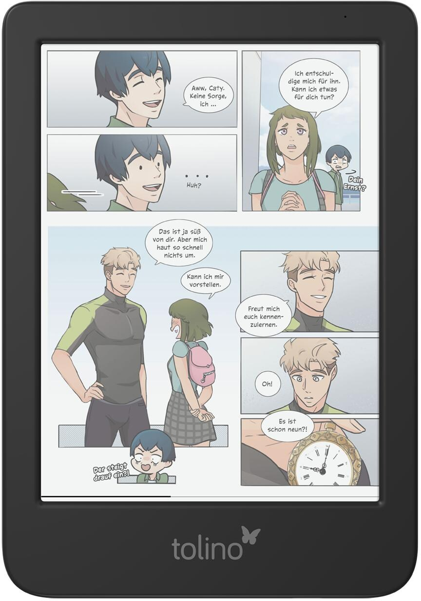 Fumetto su un e-reader, vari pannelli e testo.