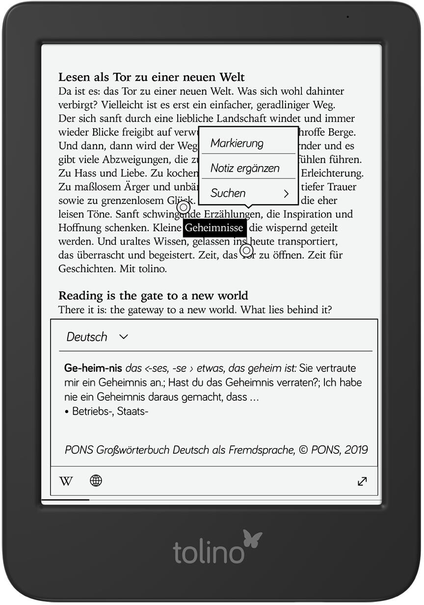 E-reader con testo evidenziato, che mostra un menu con opzioni: 'Marcatura', 'Commento'.
