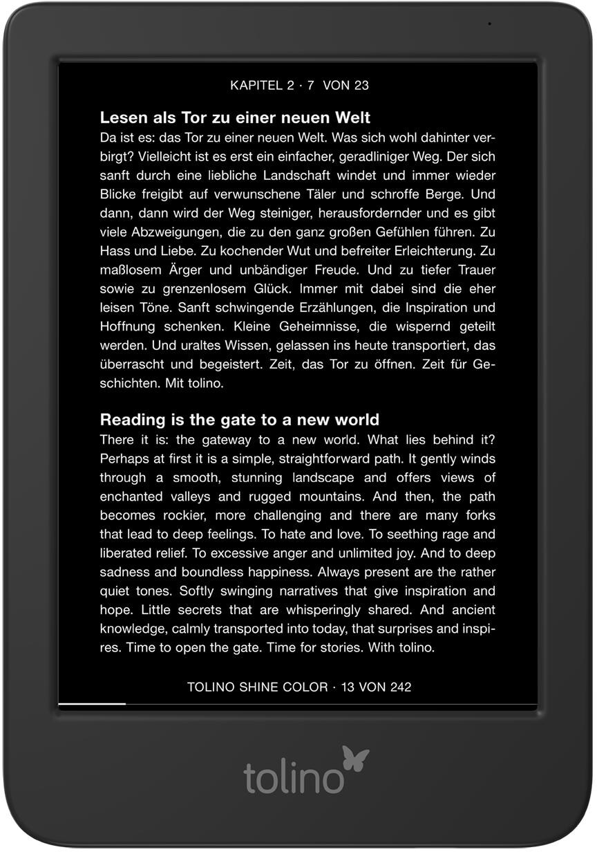 E-reader che mostra testo sulla lettura, in inglese e tedesco, con il logo Tolino in basso.