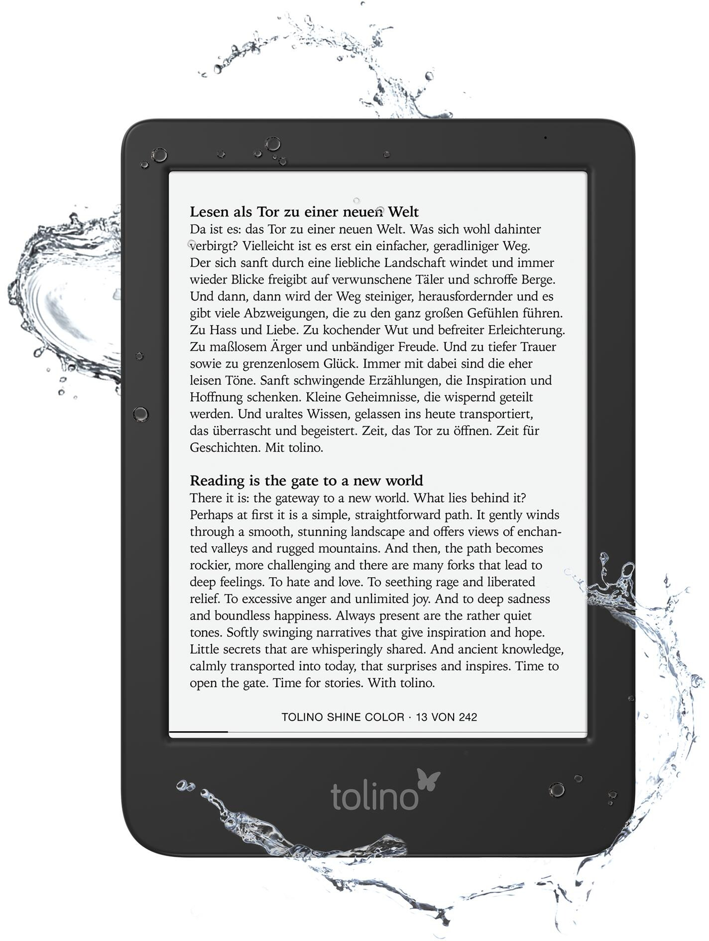 E-reader con testo sulla lettura, circondato da spruzzi d'acqua, che mostra testo in inglese e tedesco.