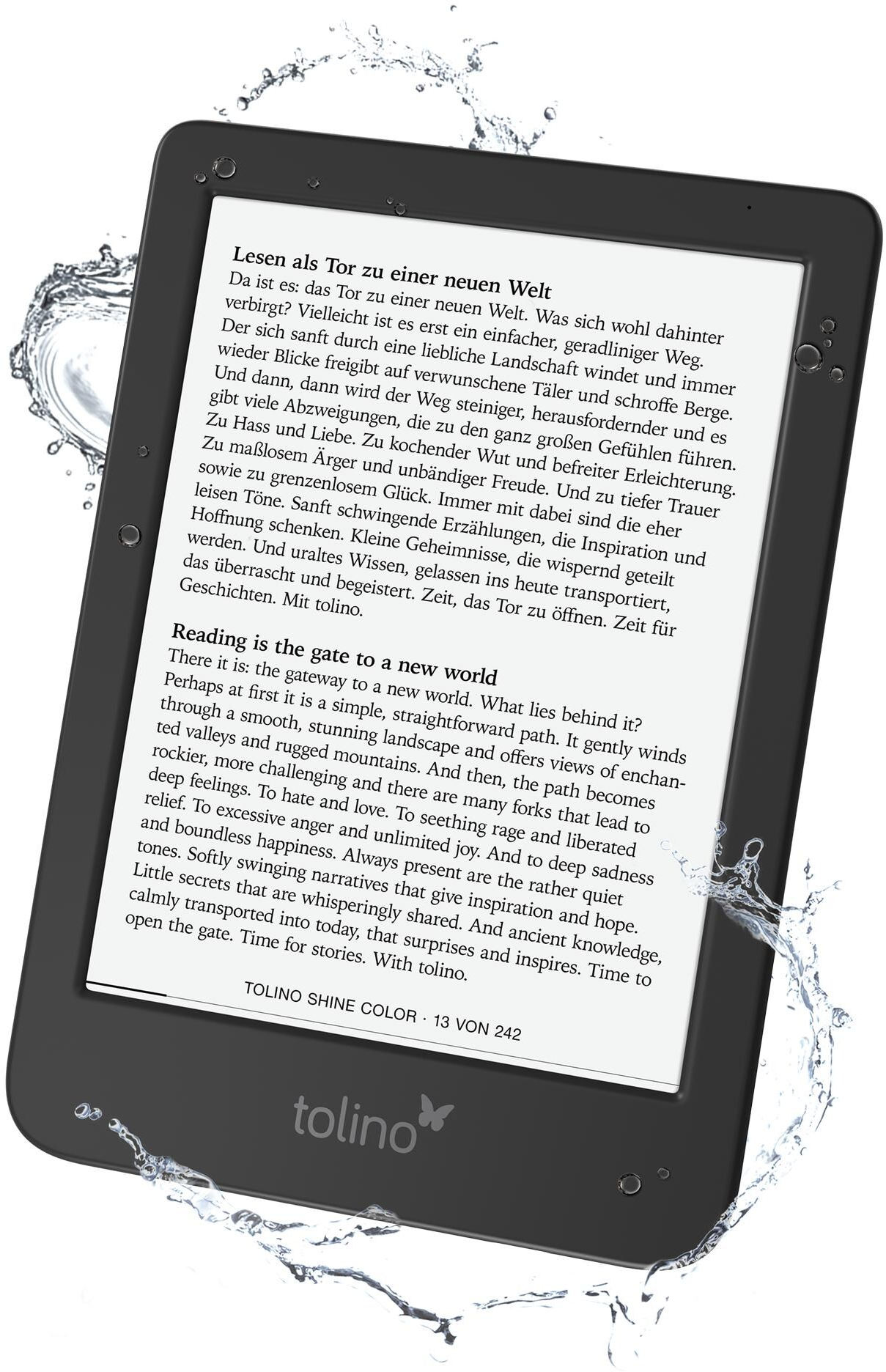 E-reader nero con testo sullo schermo, circondato da goccioline d'acqua. Il marchio 'tolino' è visibile.