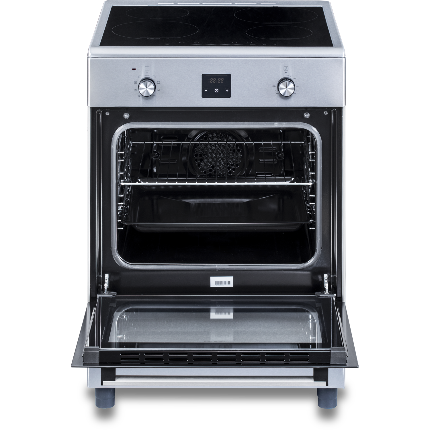 Opened electric oven, with the door open, showing the interior, with oven rack and control panel.