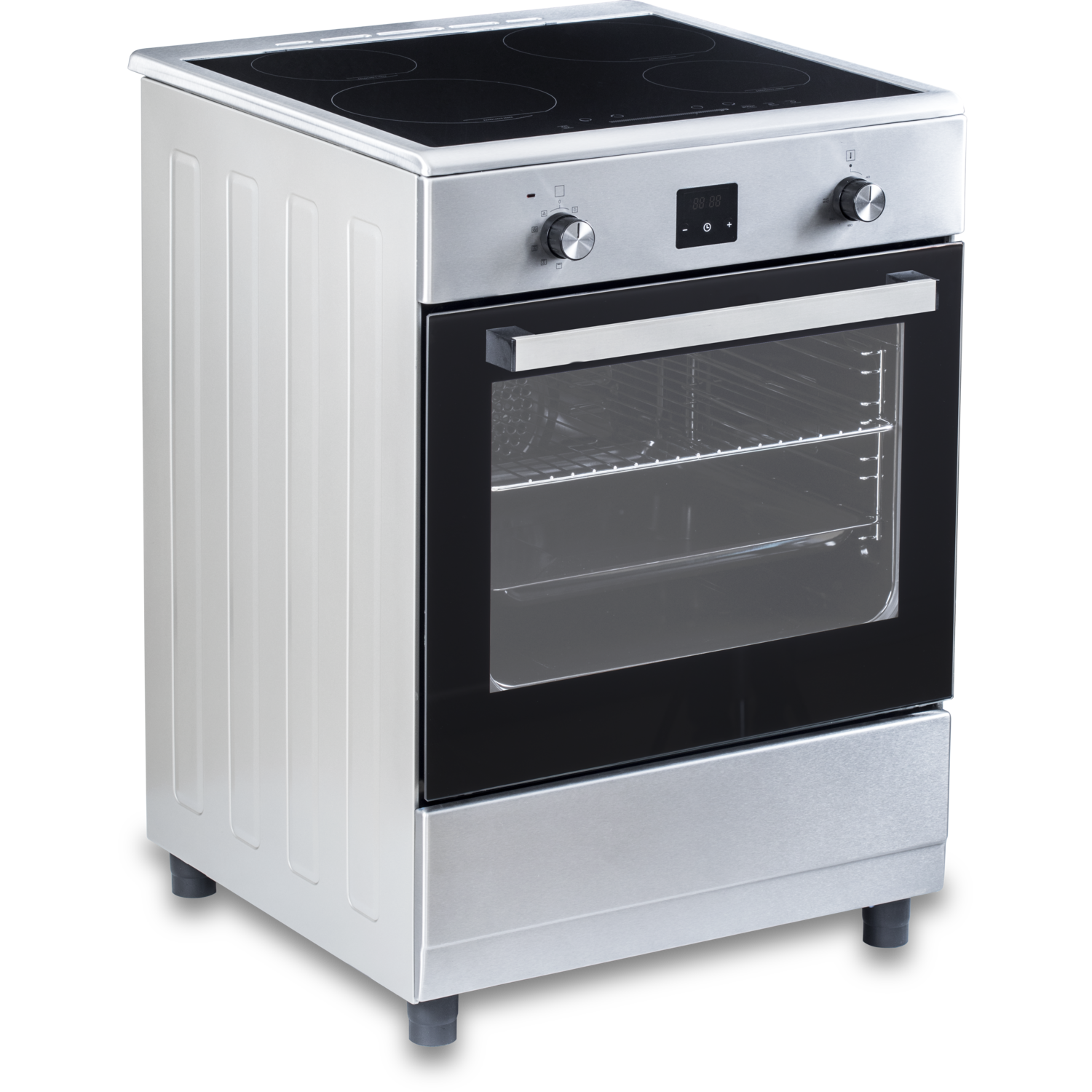 White and silver oven, four burners on top.