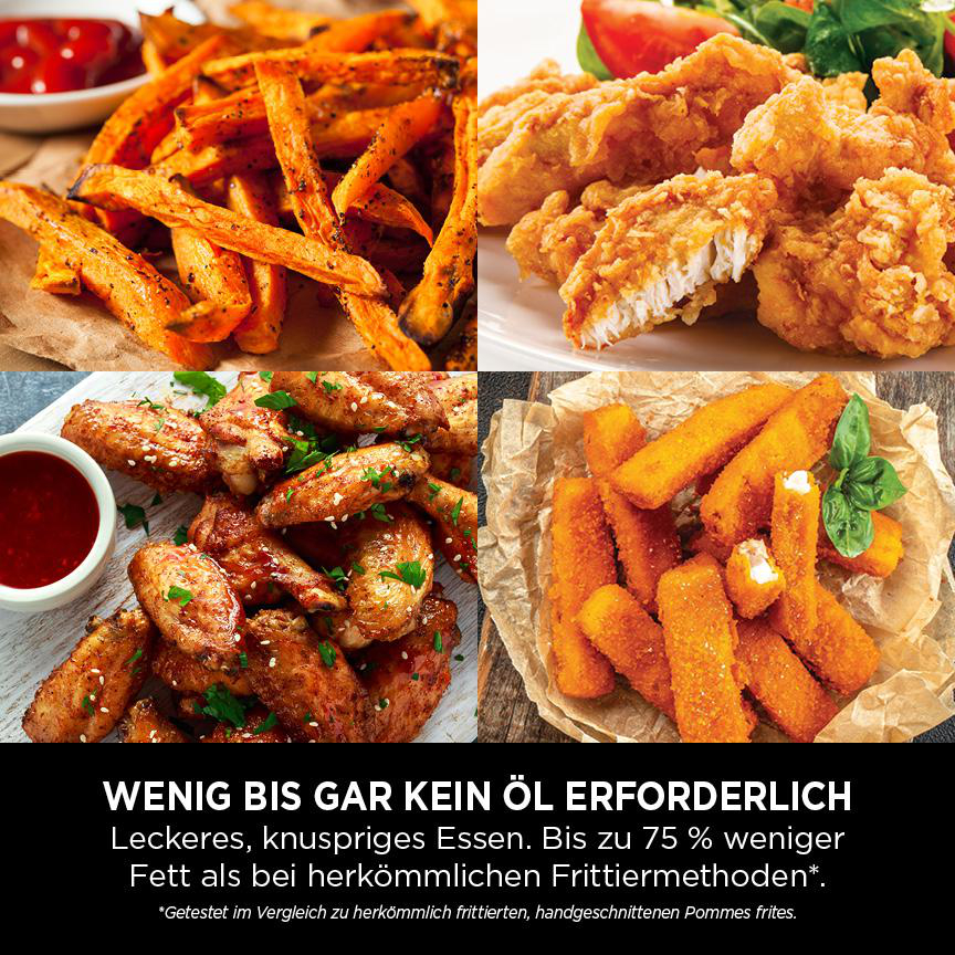 Eine Collage aus frittierten Speisen: Pommes Frites, Hähnchen und Mozzarella-Sticks.