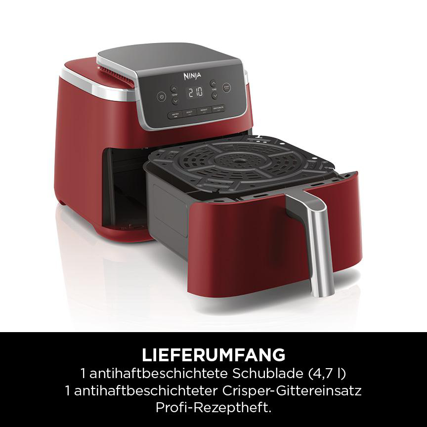 Roter Ninja-Heißluftfritteuse, bei der der Korb herausgezogen ist.