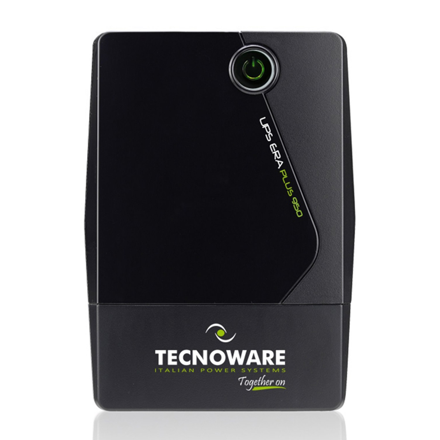UPS nero con logo e testo Tecnoware, pulsante di accensione verde.