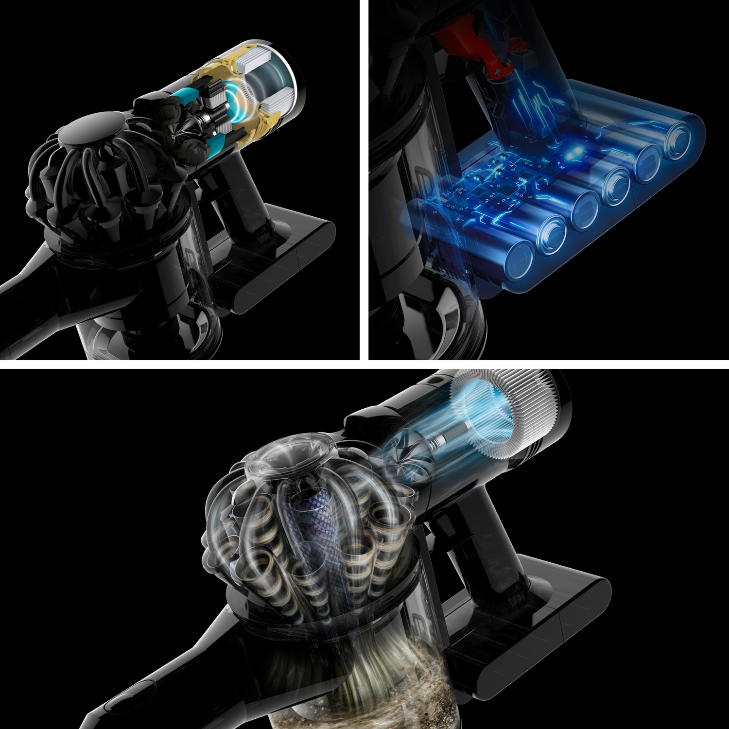 Three diagrams of a vacuum cleaner's internal workings.