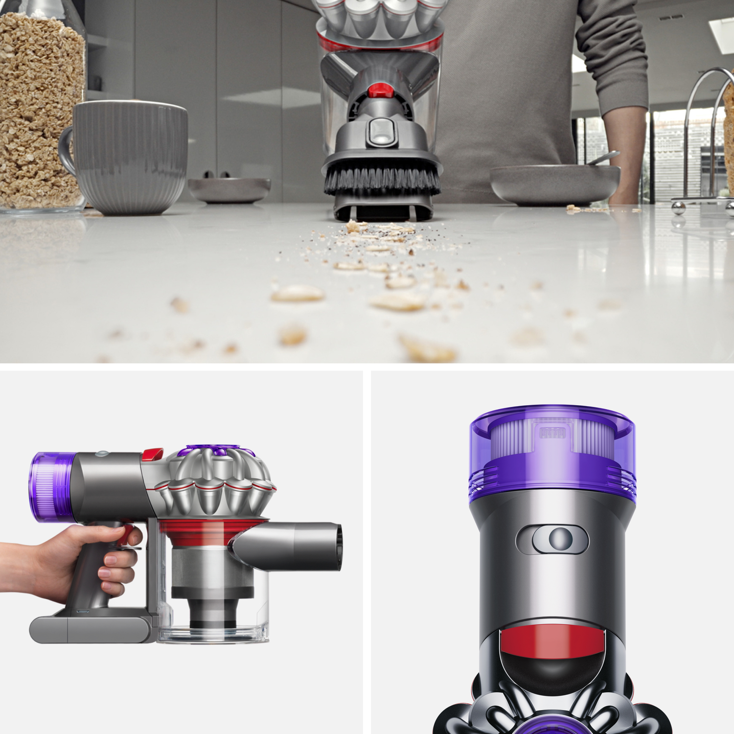 Multiple images of a vacuum cleaner. Parts include the head, body and the handle.