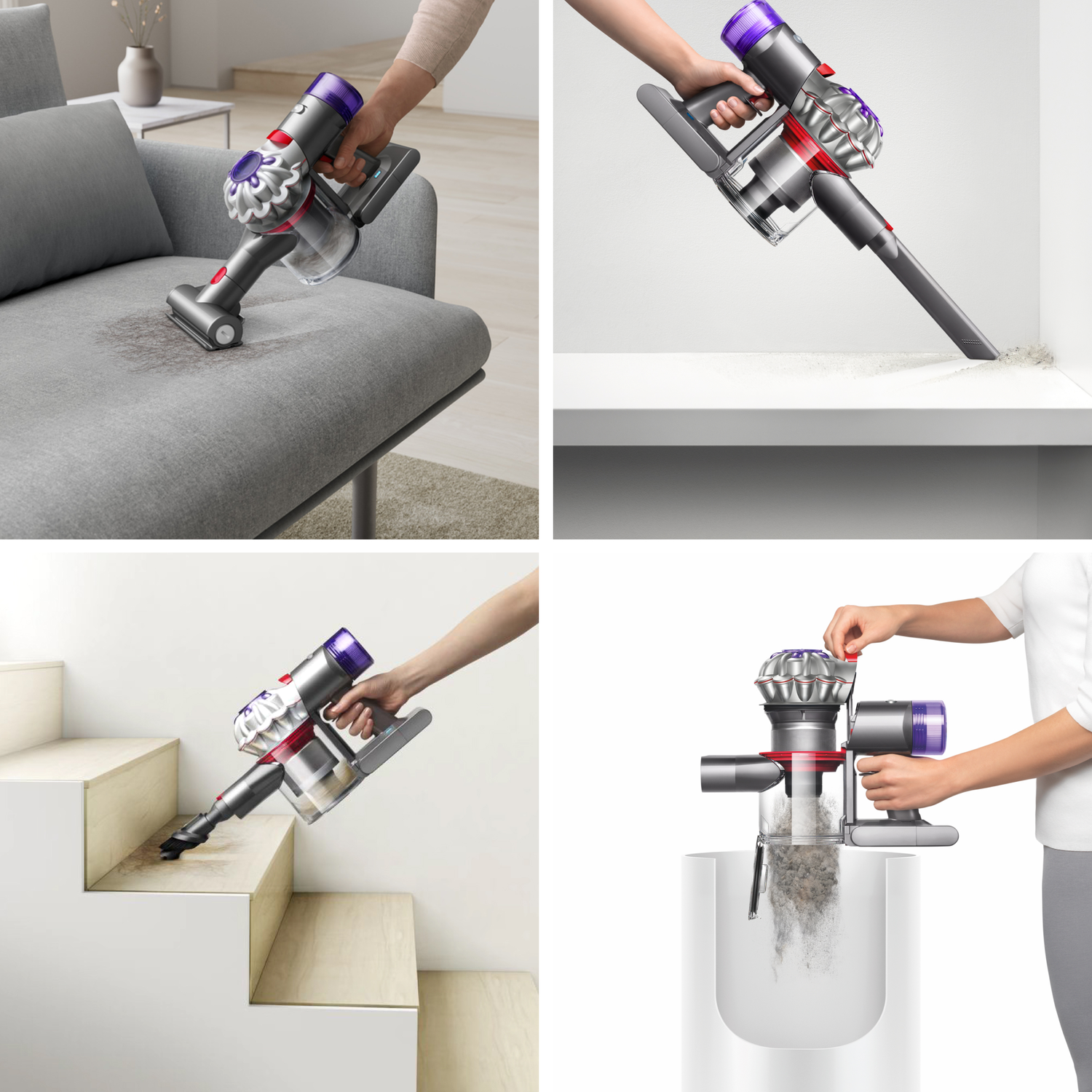 Four images of a vacuum cleaner in use: on a sofa, corner, stairs, and emptying.