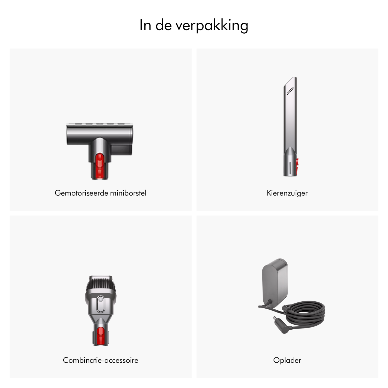 Four vacuum cleaner attachments: a mini motorized brush, crevice tool, combination tool, and a charger.