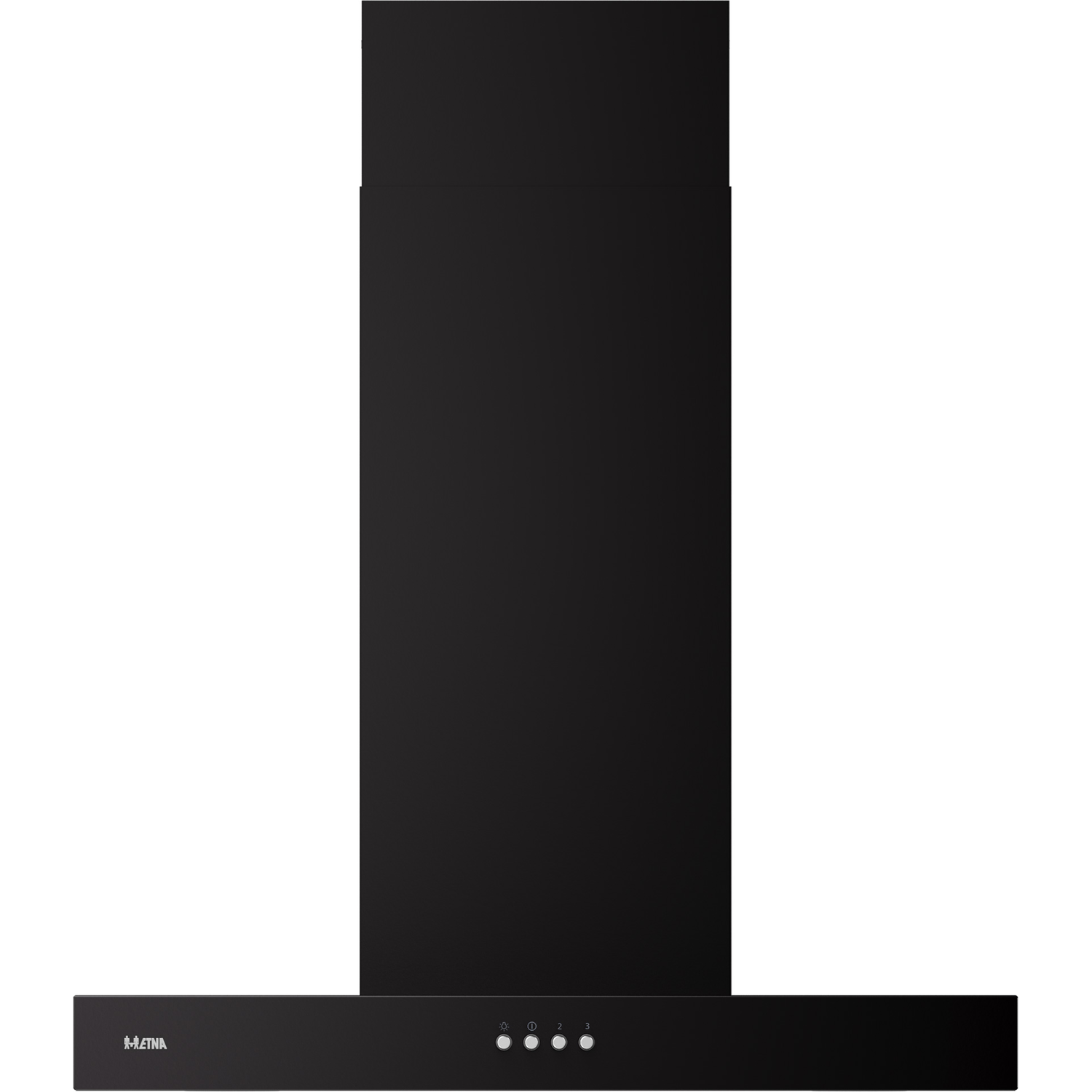 Black range hood with buttons and logo.