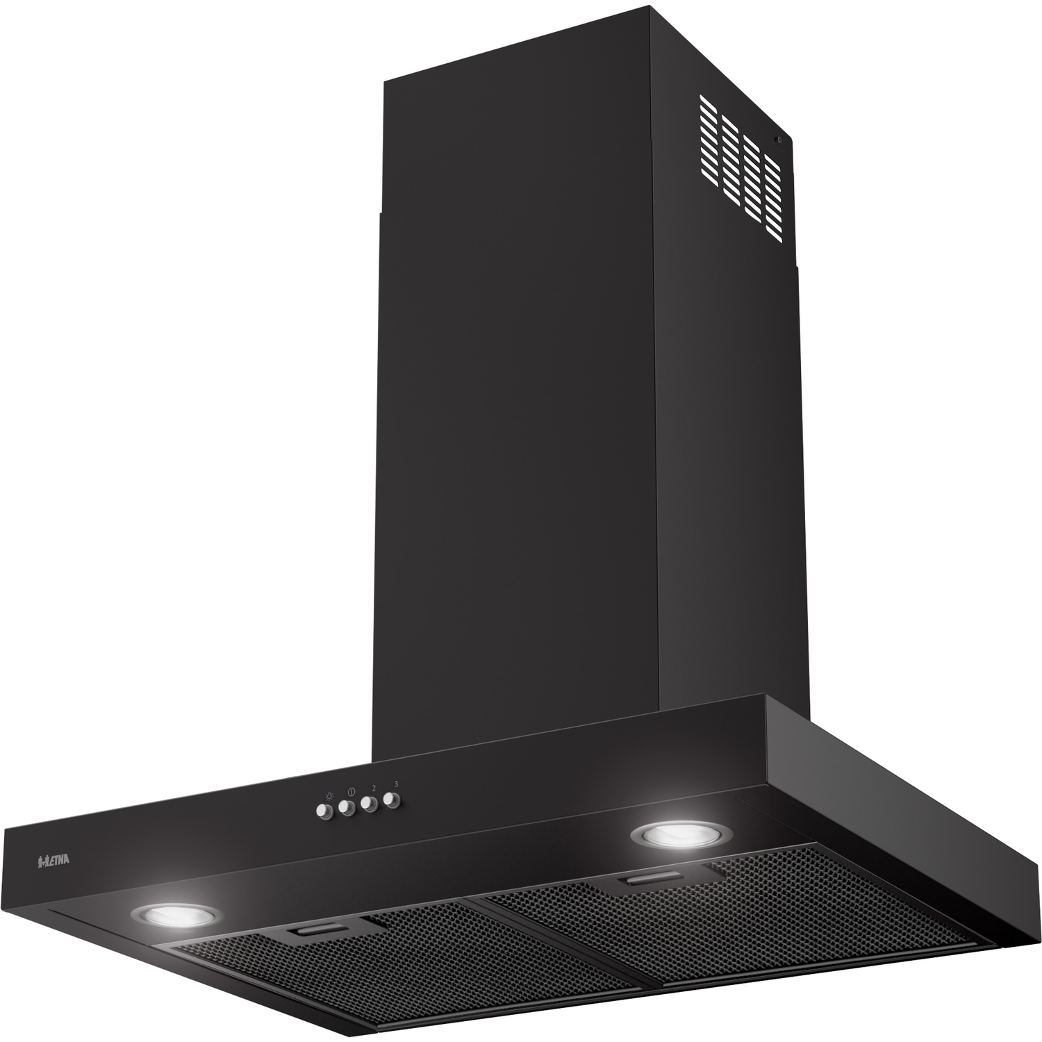 Black kitchen hood with lights, buttons, and mesh filters.