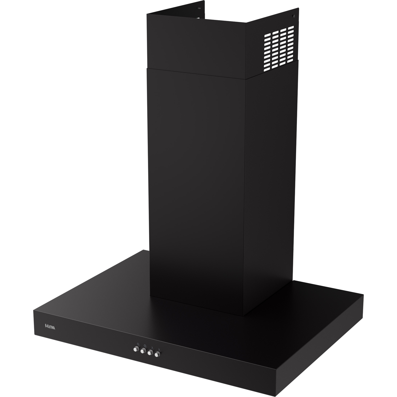 A black kitchen hood on a white background. The hood has a rectangular base and a tall chimney.