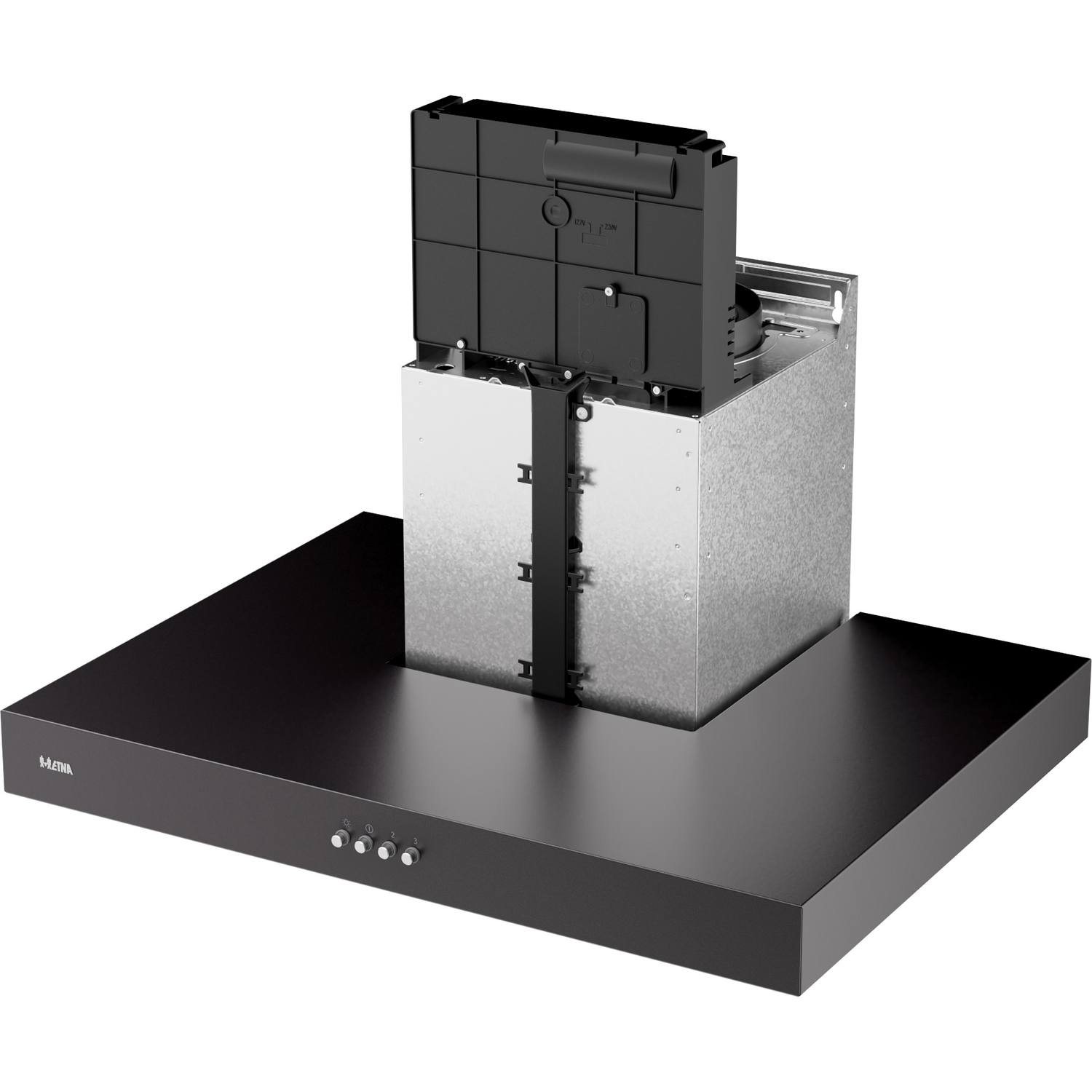 Black kitchen hood with a metal interior and a control panel.