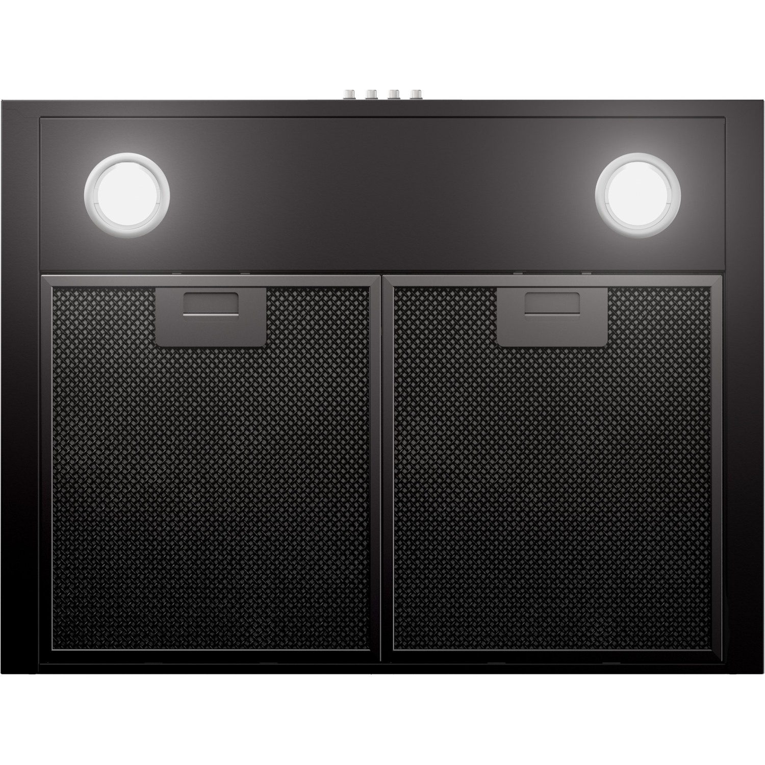 A black range hood with two lights and two vent covers.