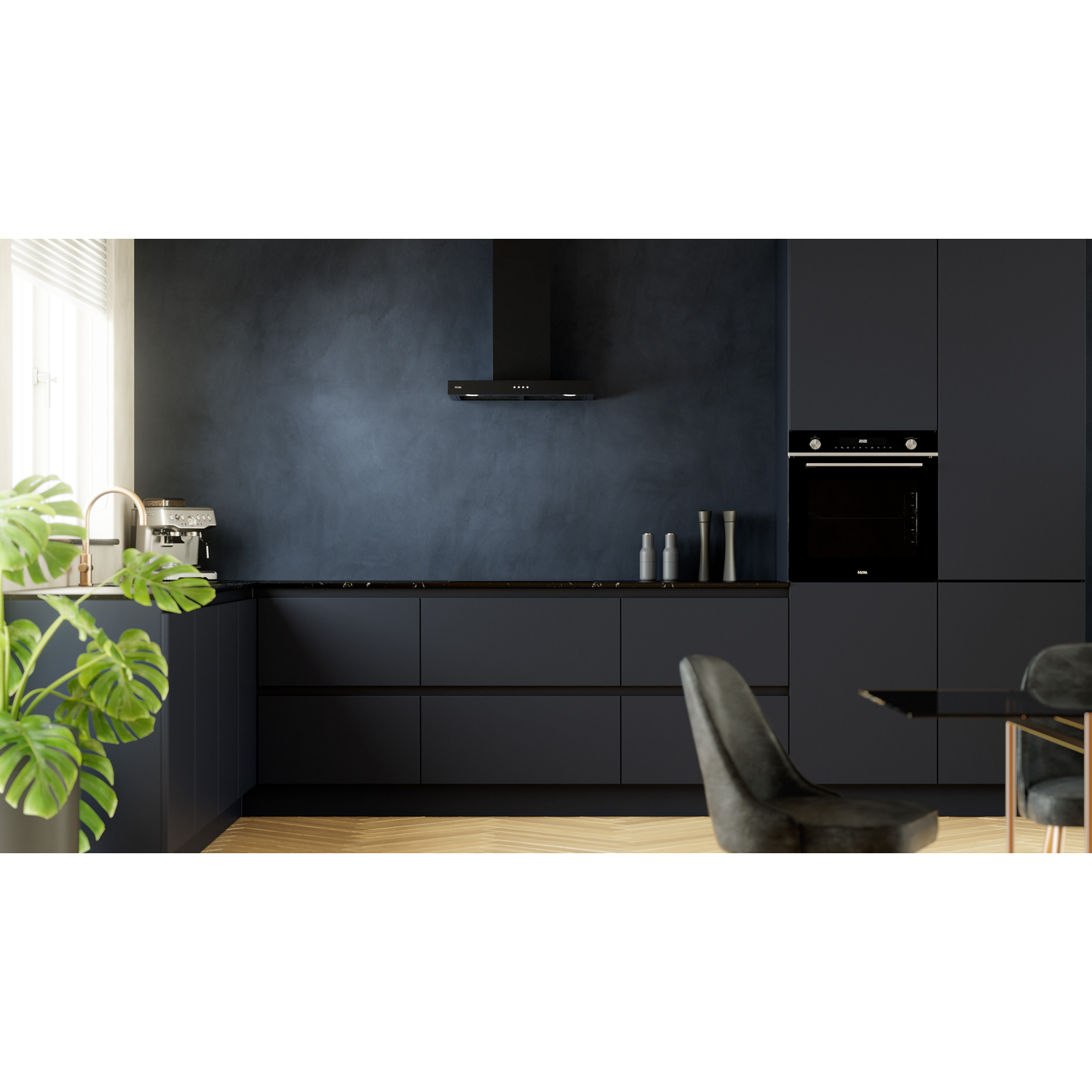 Modern black kitchen with cabinets, an oven, and a hood. Green plant in the foreground.