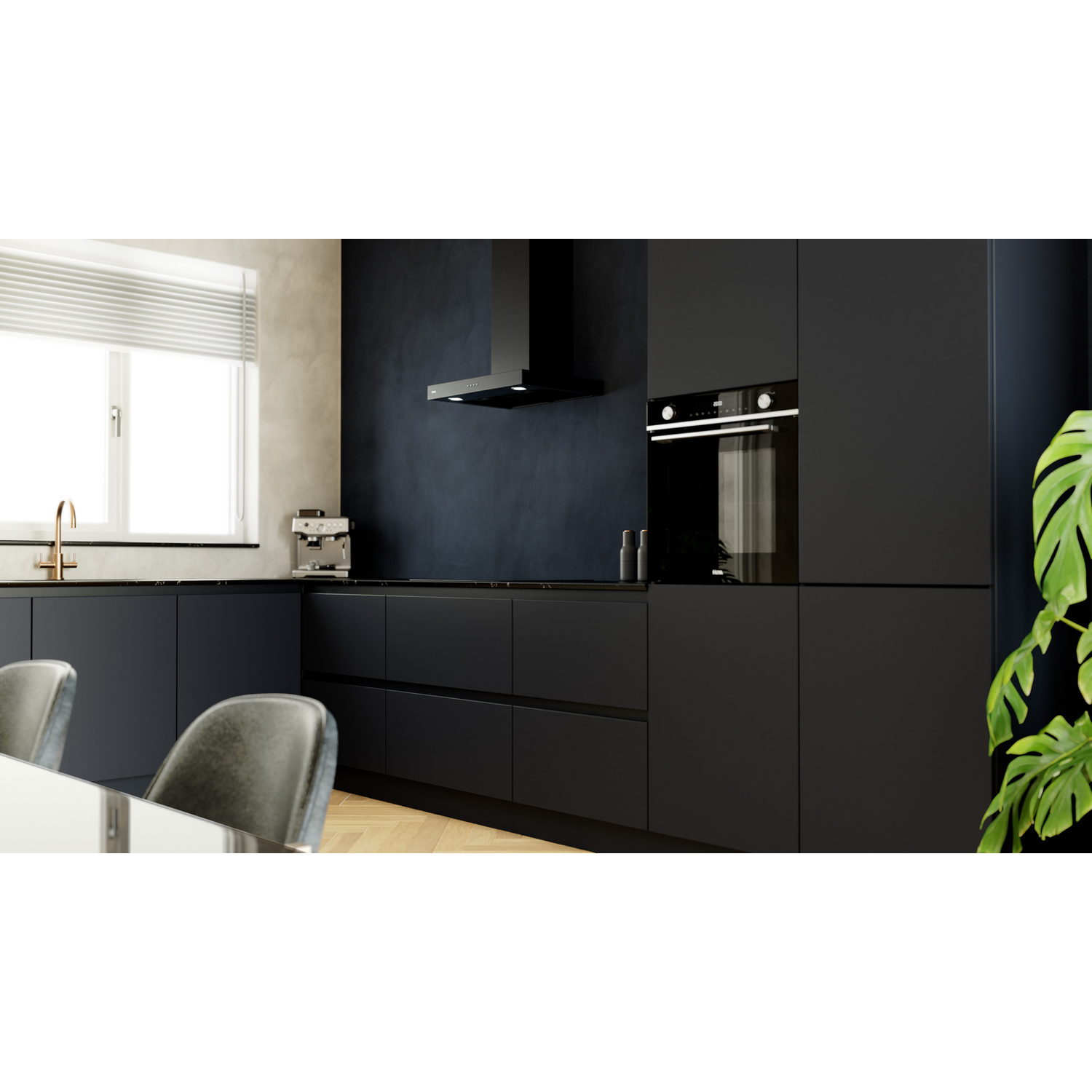 Modern kitchen with black cabinets, a window with blinds, and a black range hood.