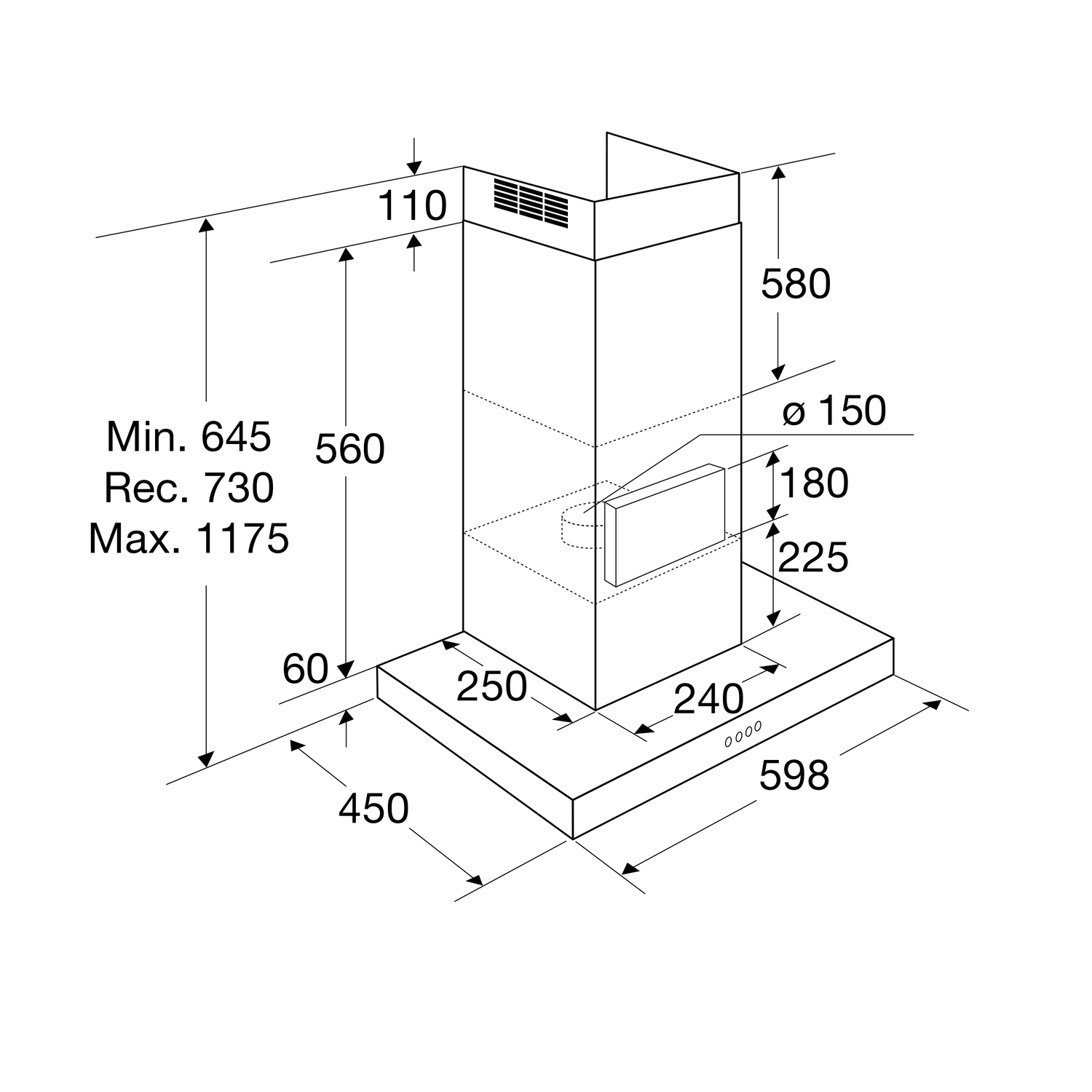 Diagram of a kitchen hood with dimensions. It has a rectangular base and a tall chimney section.