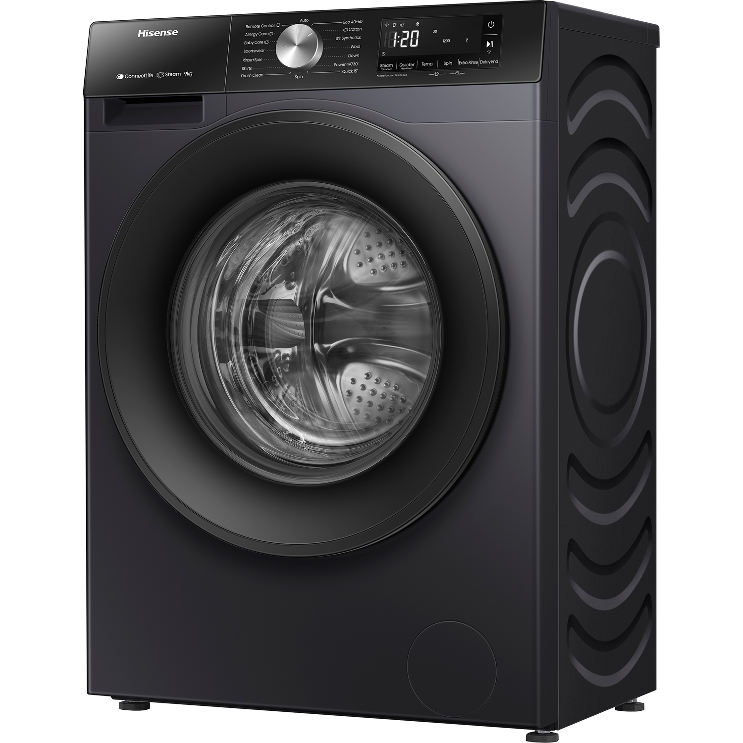 Black Hisense washing machine, front view.