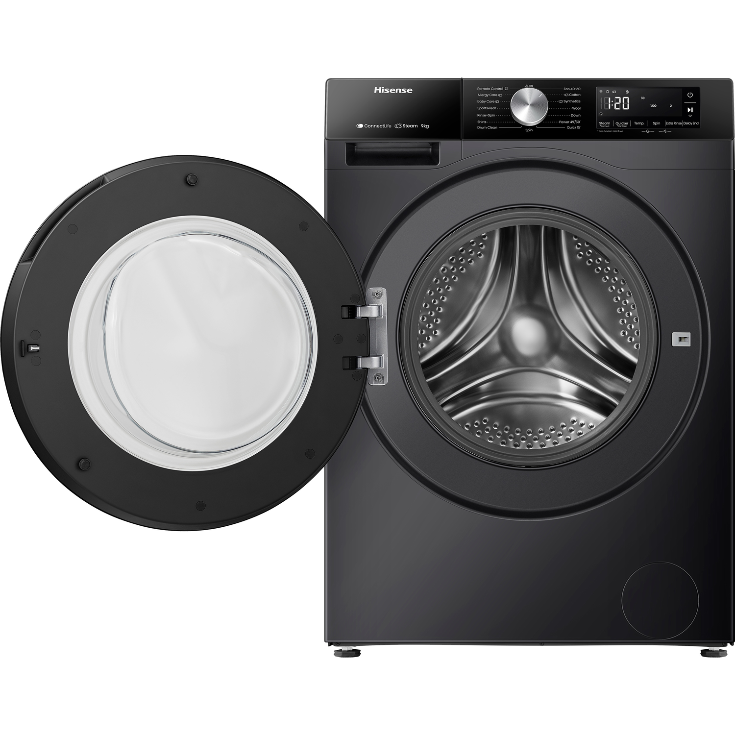 Black Hisense washing machine with open door, showing the drum. Black control panel.
