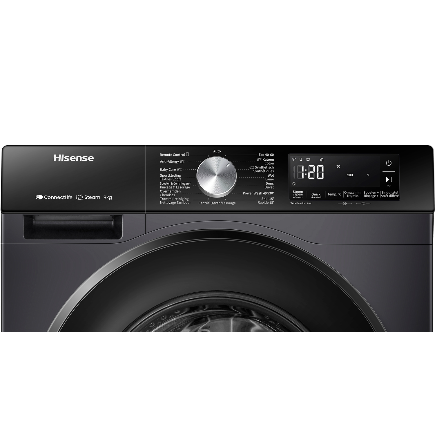 Washing machine control panel, gray and black.