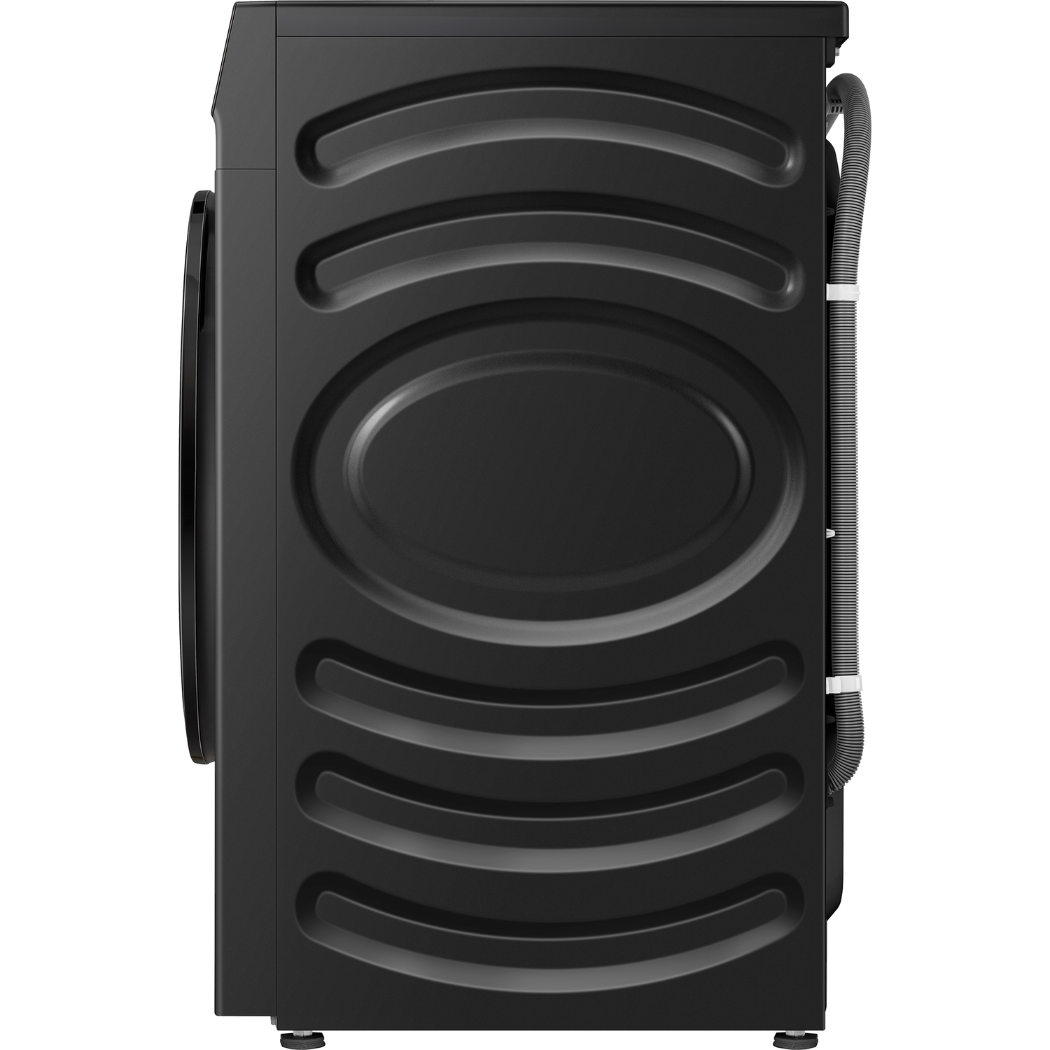Black washing machine, side view, showing rounded back design.