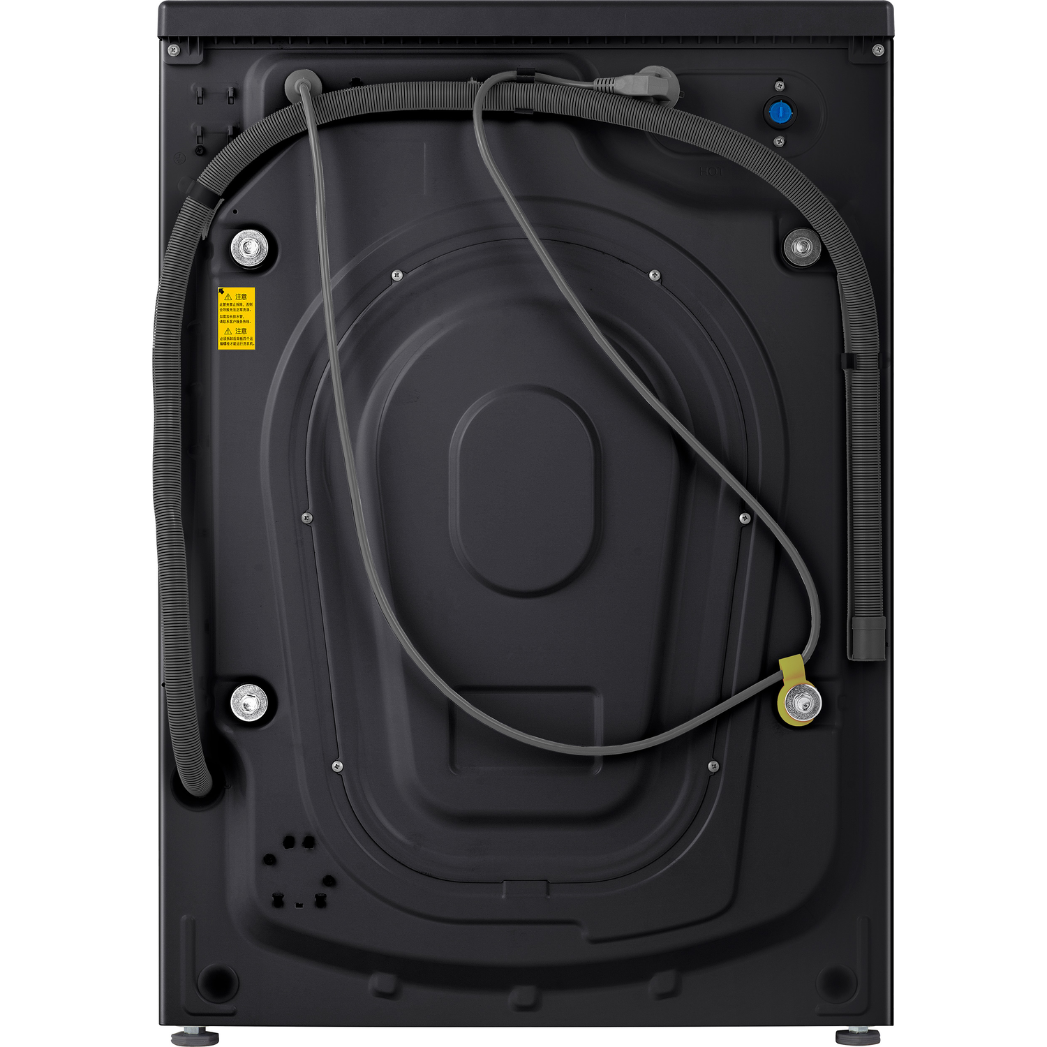 White washing machine, door open, showing interior.