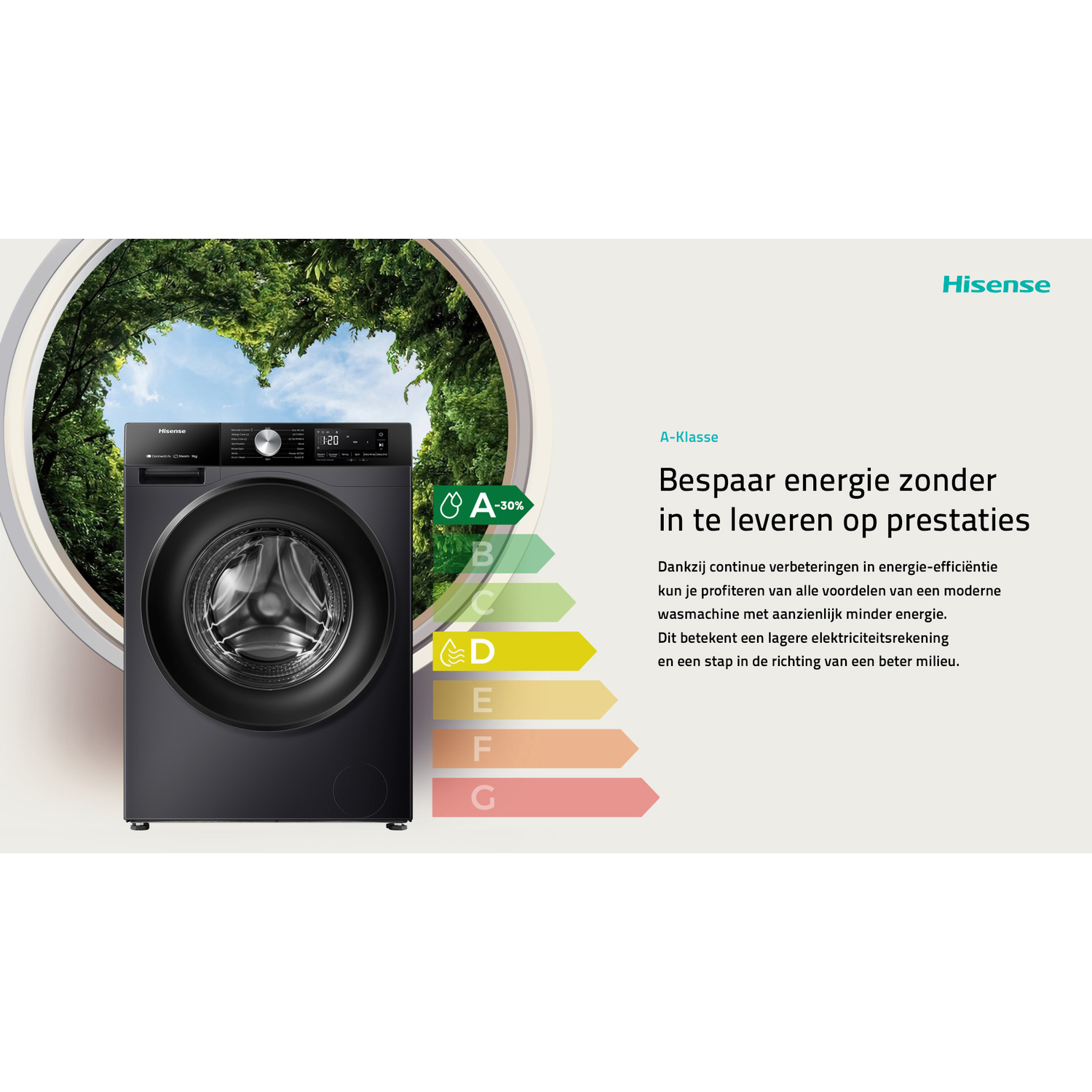 Black washing machine with a clear door, energy-saving label, and a background of trees.