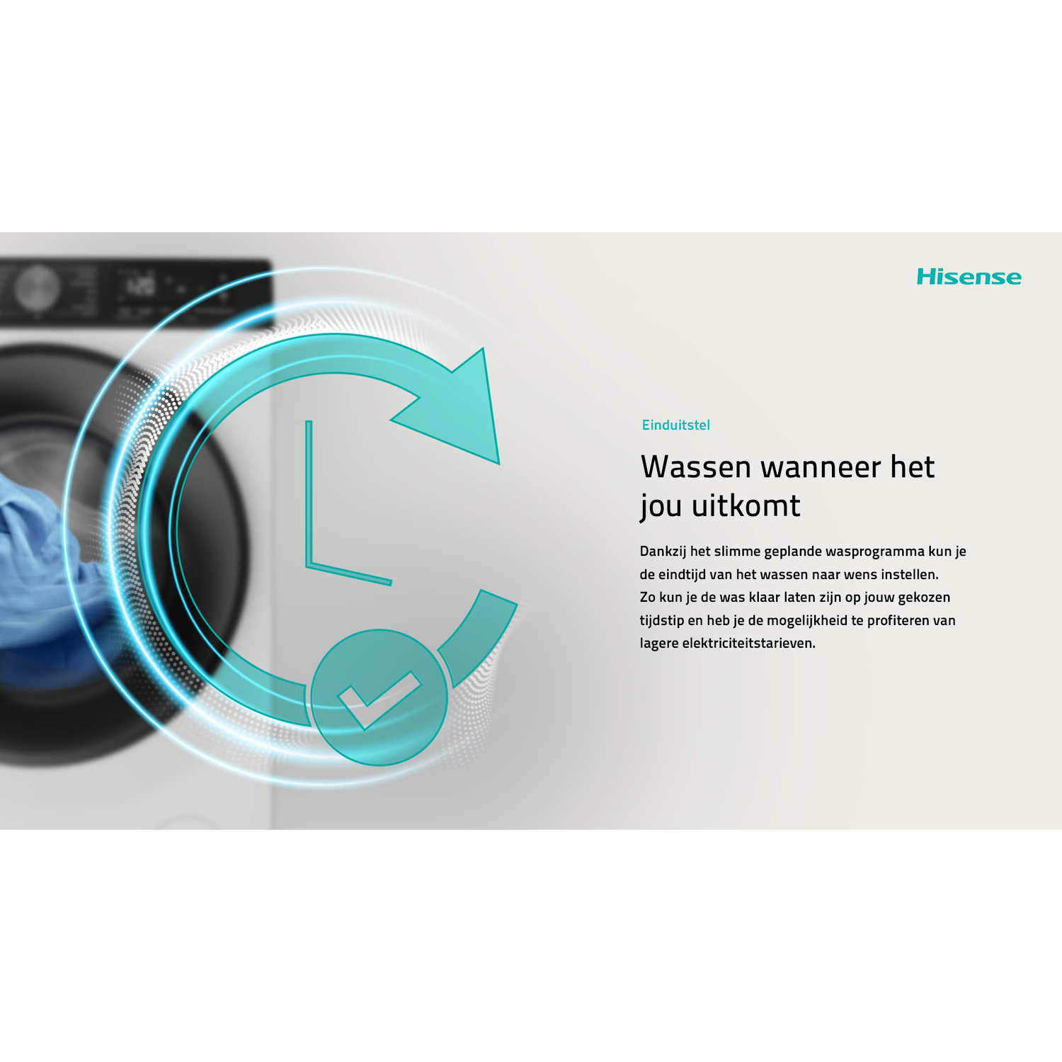 Washing machine with a circular time indicator and text about scheduling washes.