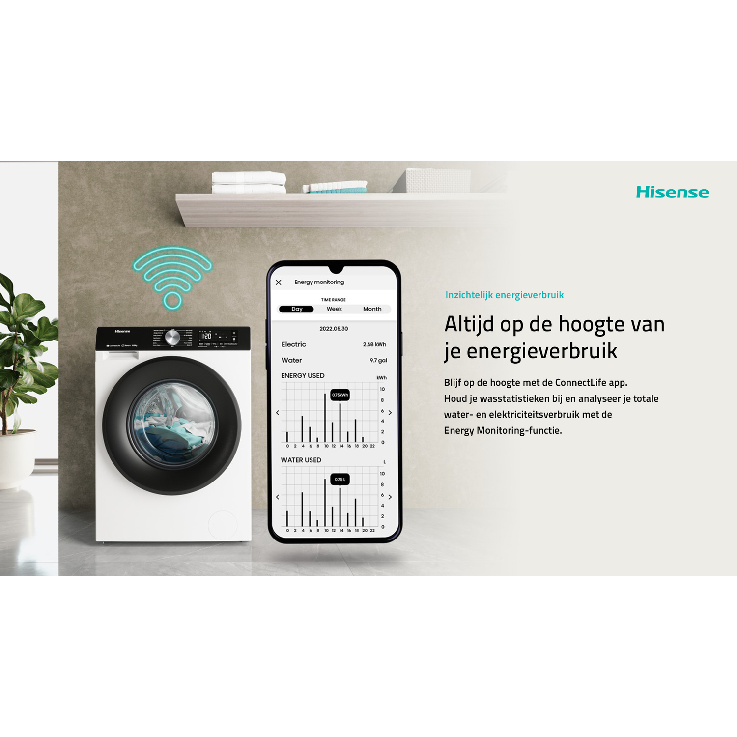Washing machine and smartphone. A washing machine with a smartphone showing energy usage.