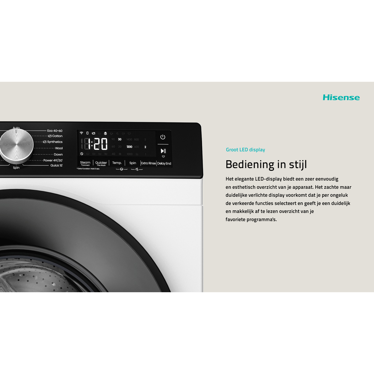 Washing machine control panel with display showing time and settings. White machine.