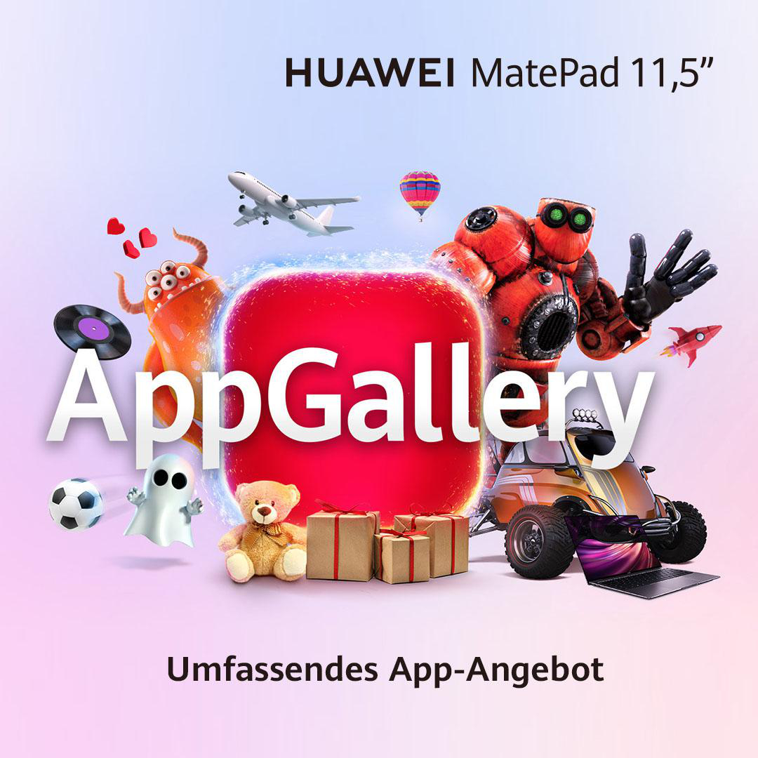 AppGallery-Werbung mit Figuren, Telefon, Geschenken und Text.