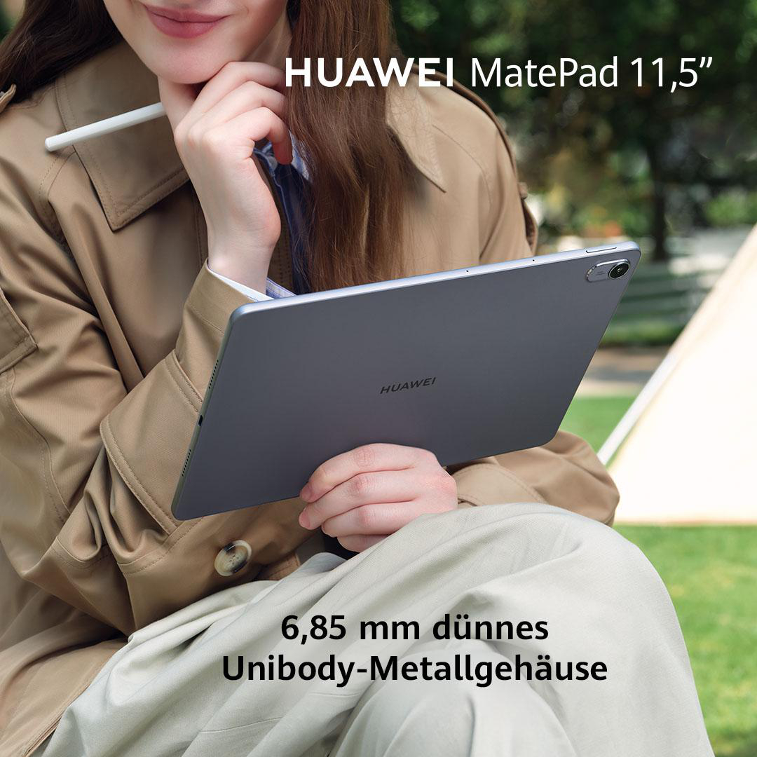 Frau hält ein silbernes Tablet mit Stift. Text 'HUAWEI MatePad 11,5' und '6,85 mm dünnes'.