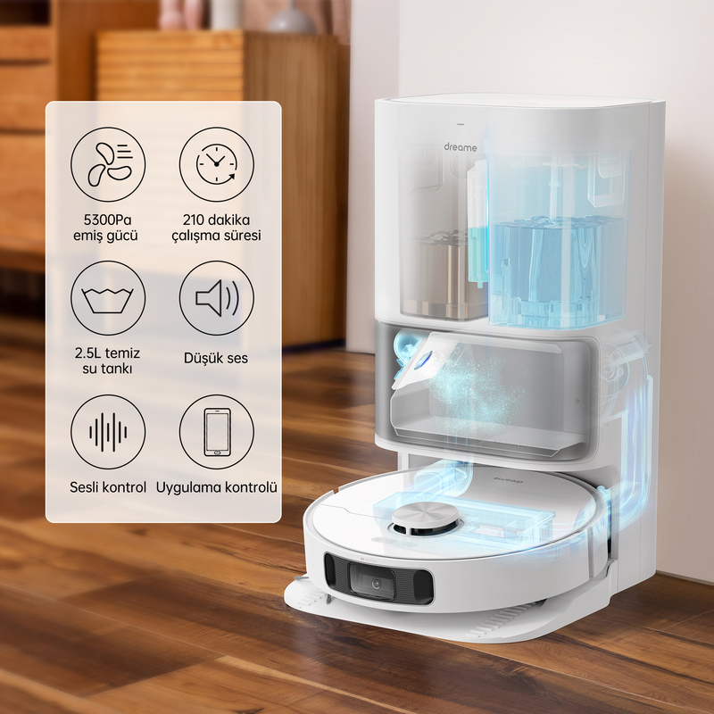 Simgeler ve metin içeren beyaz ve siyah robot süpürge.