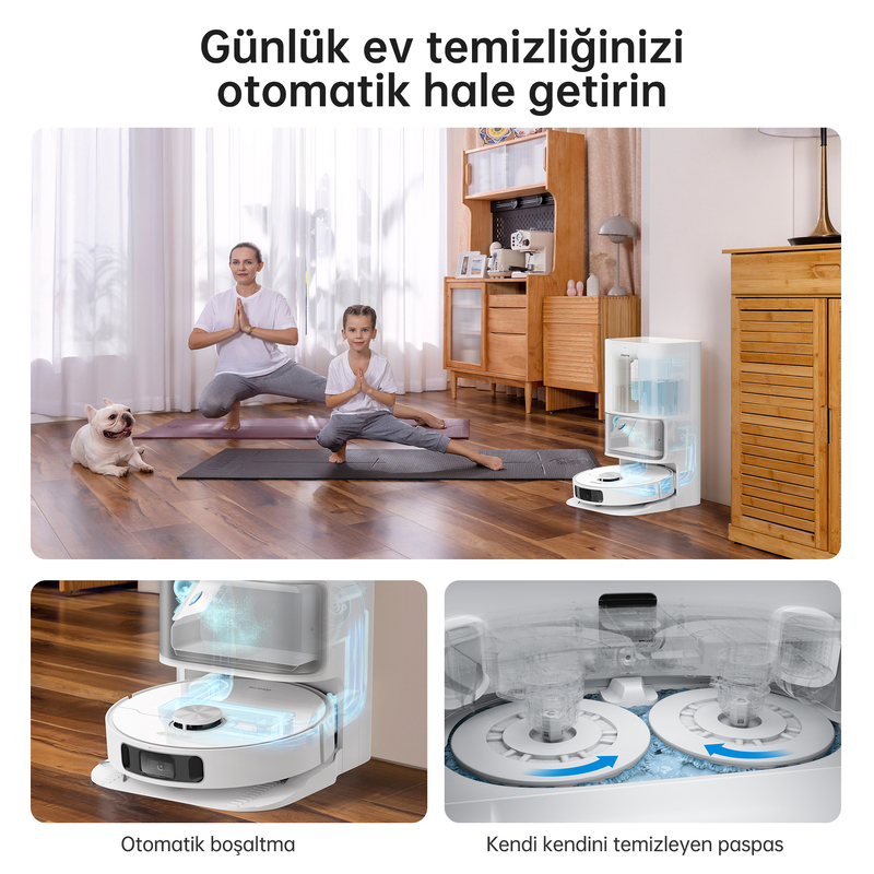 Bir odada iki kişi ve bir köpek. Robot süpürge. 'GÜNLÜK EV TEMIZLIĞINIZI OTOMATIK HALE GETIRIN' metni.