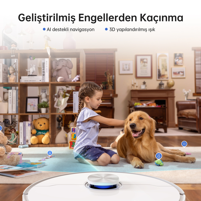 Bir kız halıda bir golden retriever'ı okşuyor. Ön planda bir robot süpürge var.
