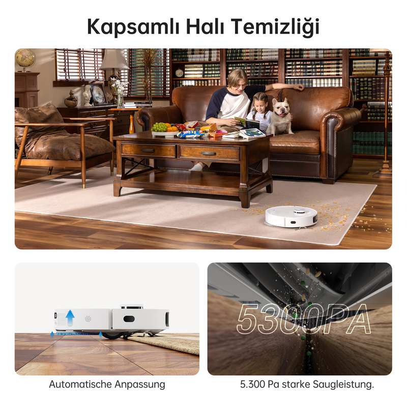 Temizlik robotu olan bir odada bir adam ve çocuklar.