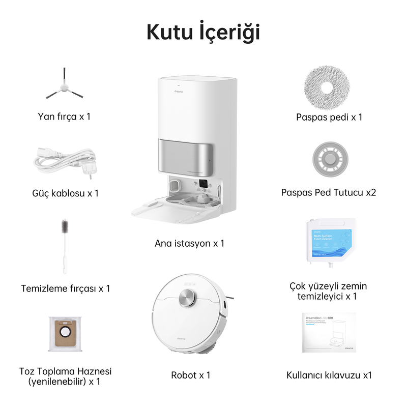Kit içeriği: Robot süpürge, ana istasyon, aksesuarlar ve kullanım kılavuzu.