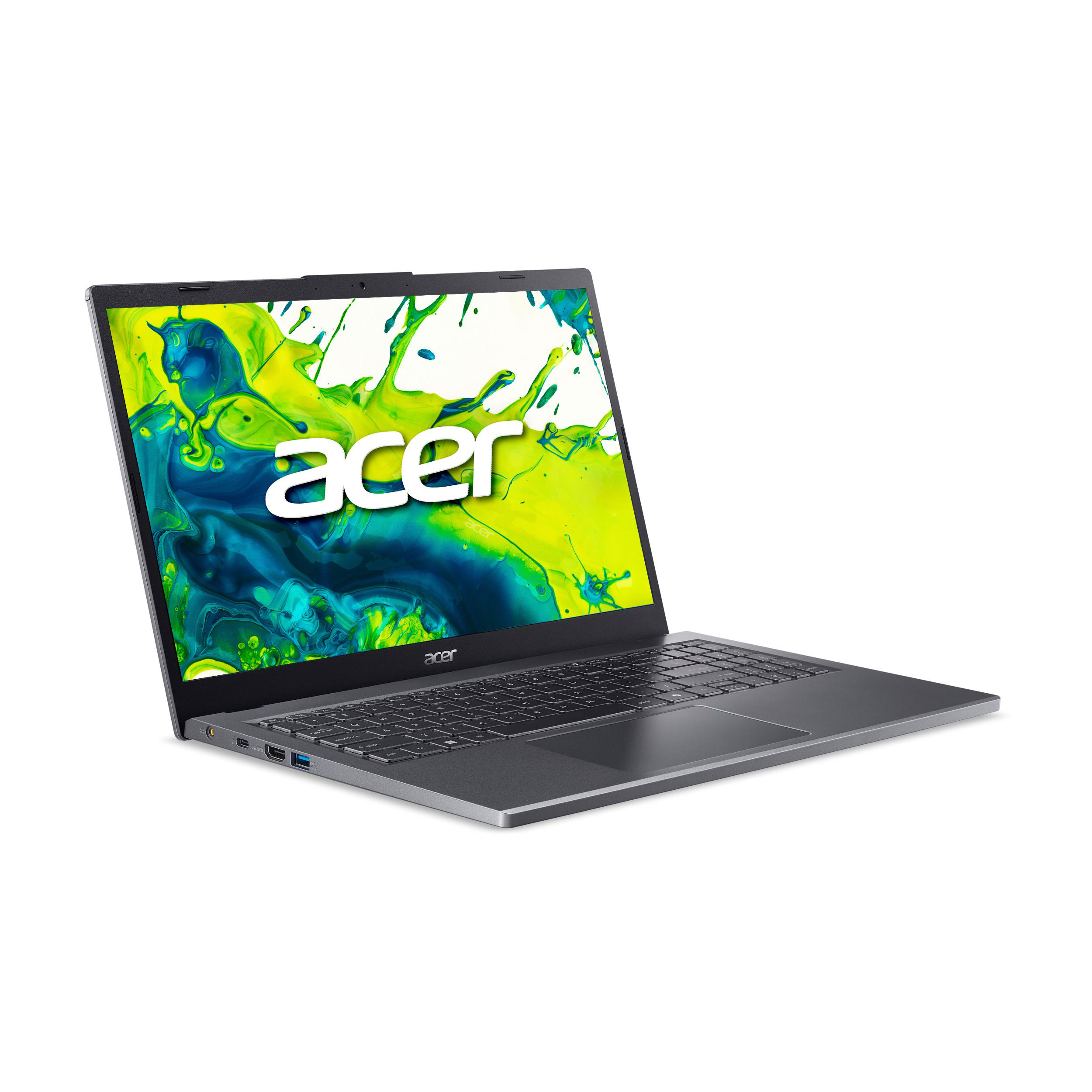 Ein silberner Acer Laptop mit einem bunten Farbspritzer auf dem Bildschirm, vor weißem Hintergrund.