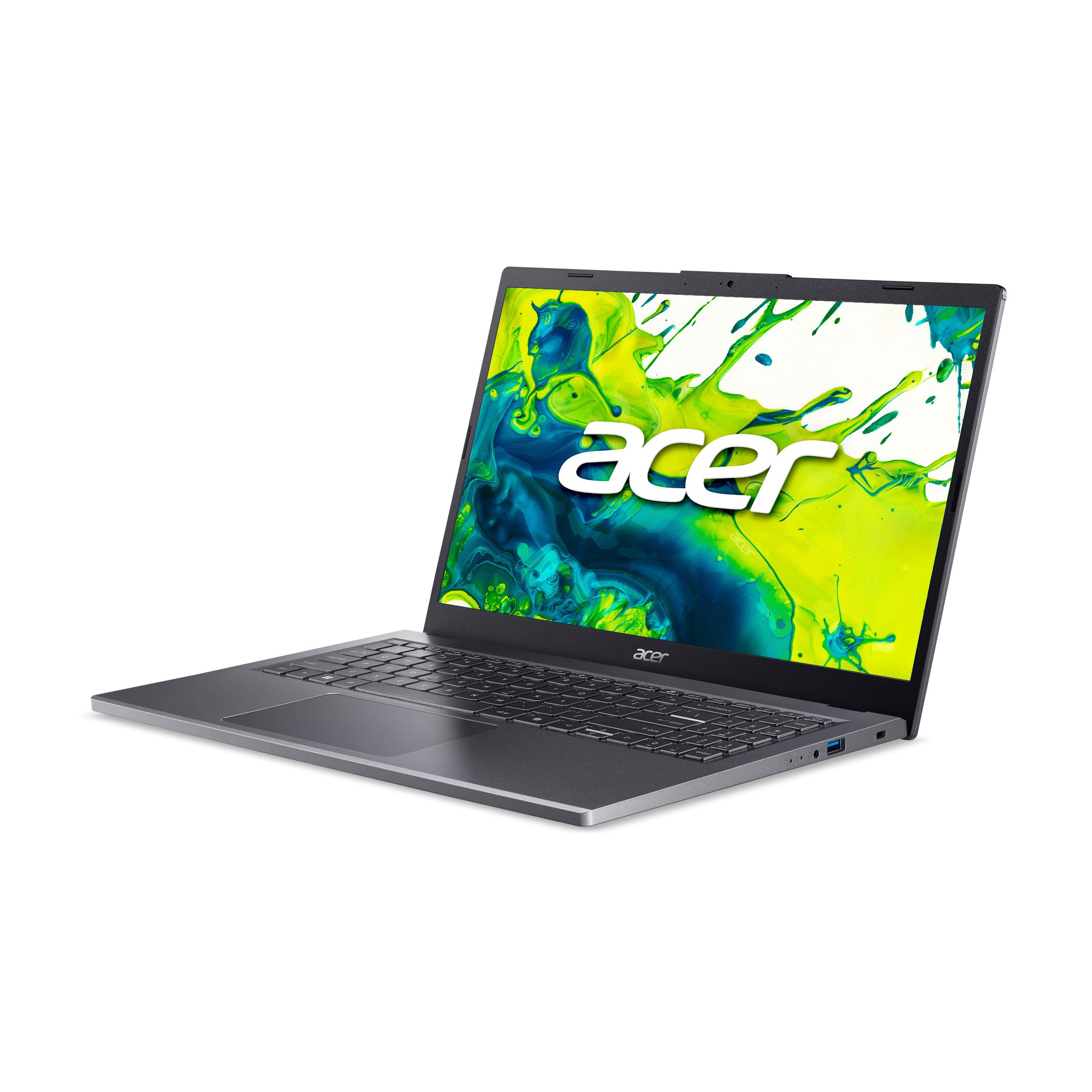 Acer Laptop auf Weiß. Bildschirm zeigt farbenfrohes abstraktes Design, silbernes Gehäuse.