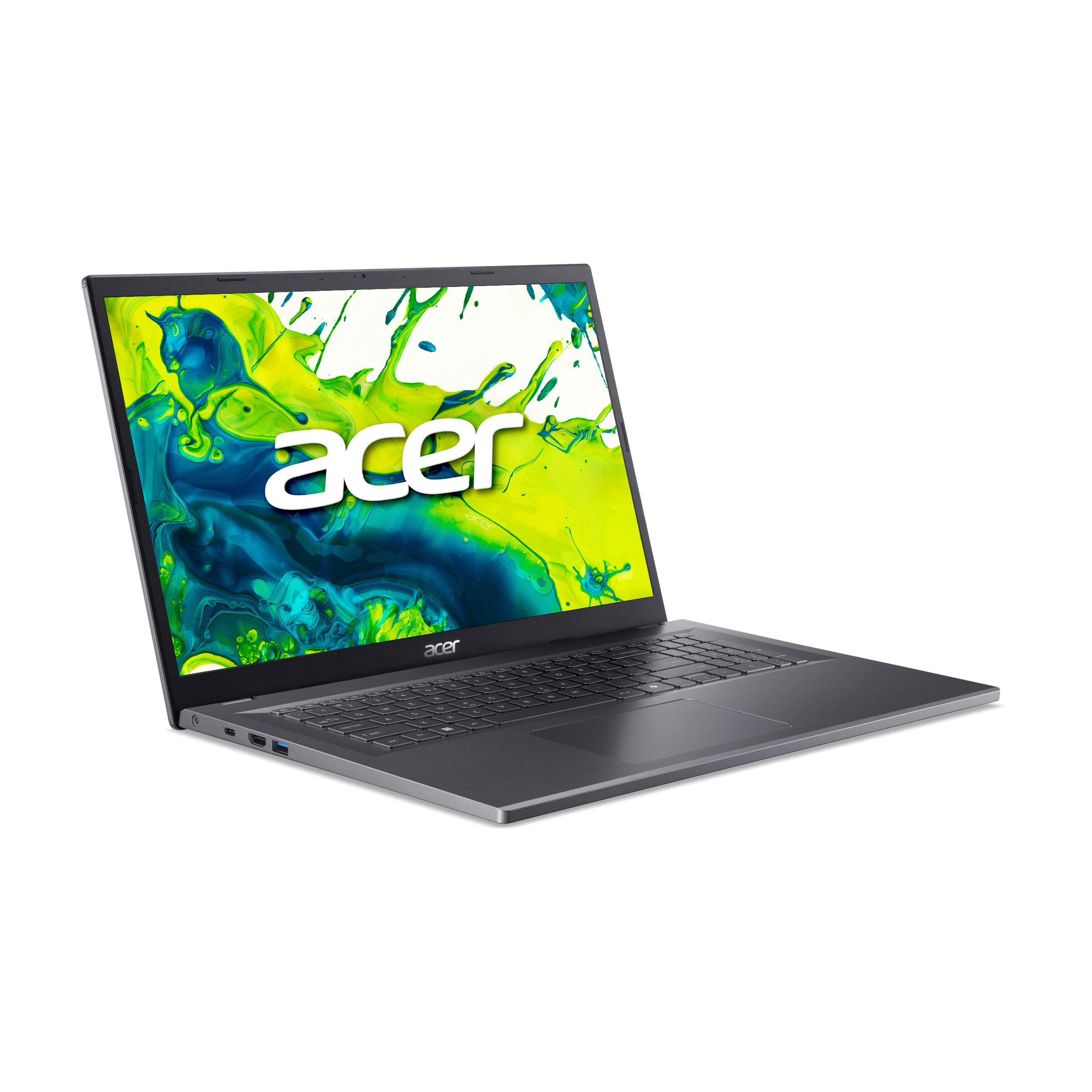 Dunkelgrauer Acer Laptop auf weißem Hintergrund. Bildschirm zeigt Acer-Logo in Gelb und Grün.