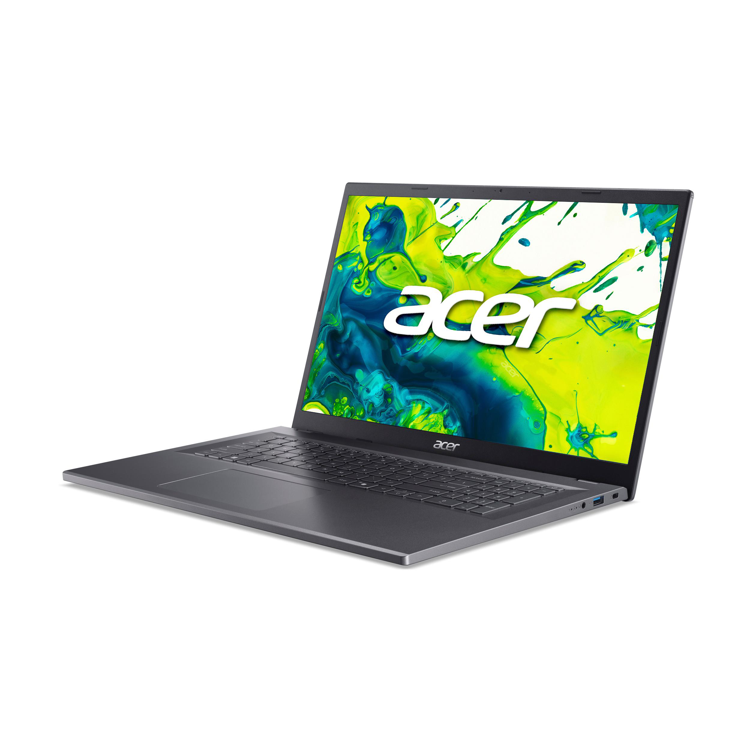 Offener, grauer Laptop mit dem Acer-Logo auf dem Bildschirm, weißer Hintergrund.