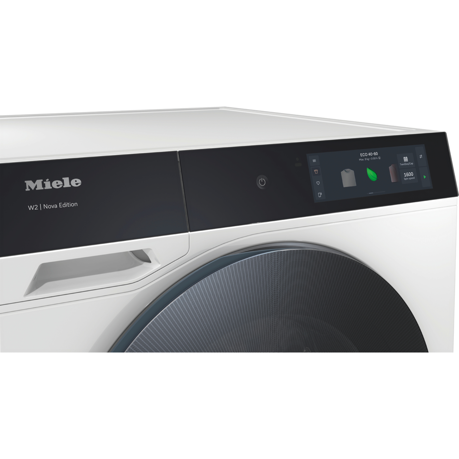 White washing machine control panel with a black display.