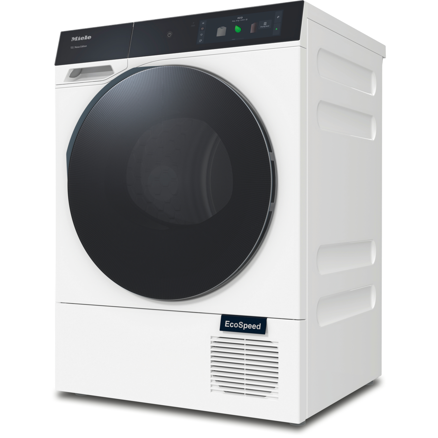 White Miele dryer. The door is black and round. The control panel is at the top.