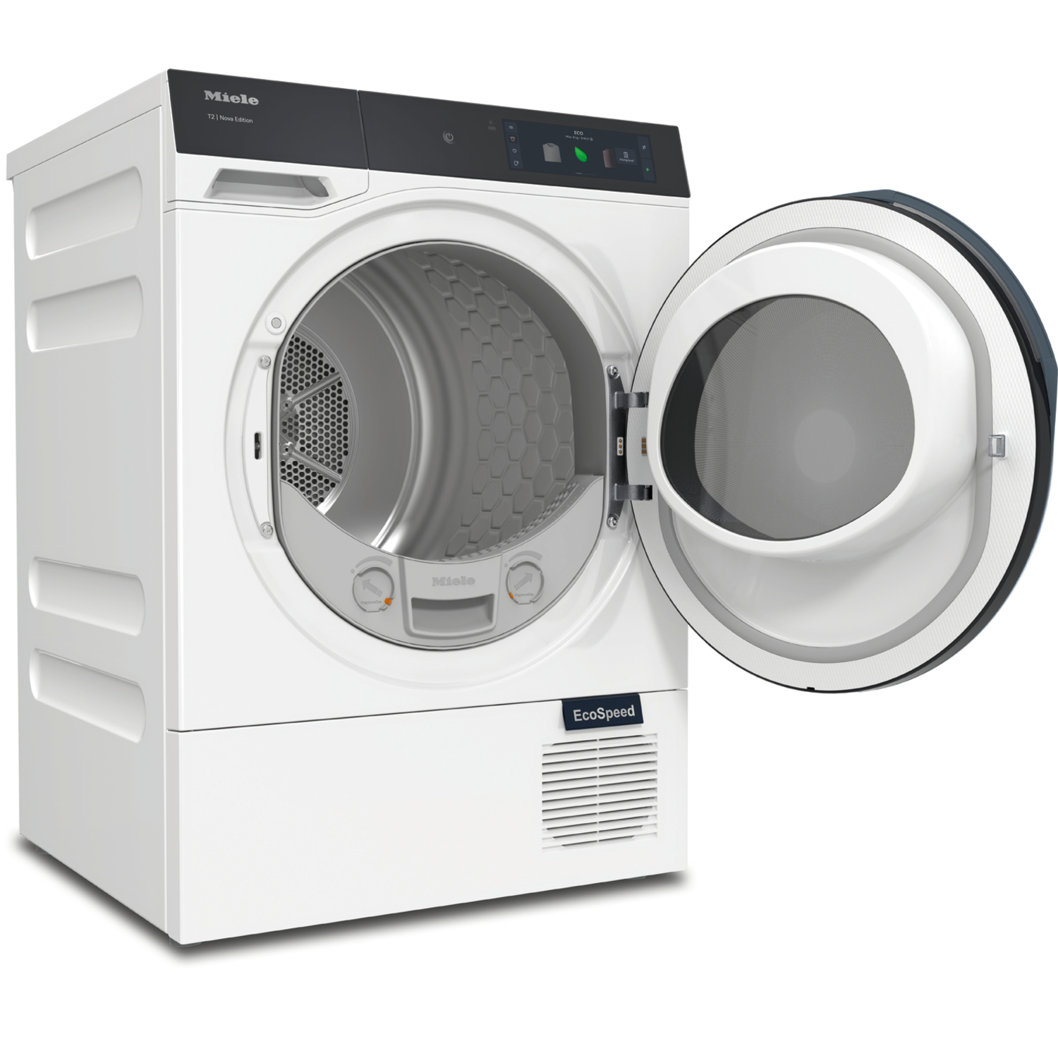 White washing machine with the door open. The machine has black and silver accents.
