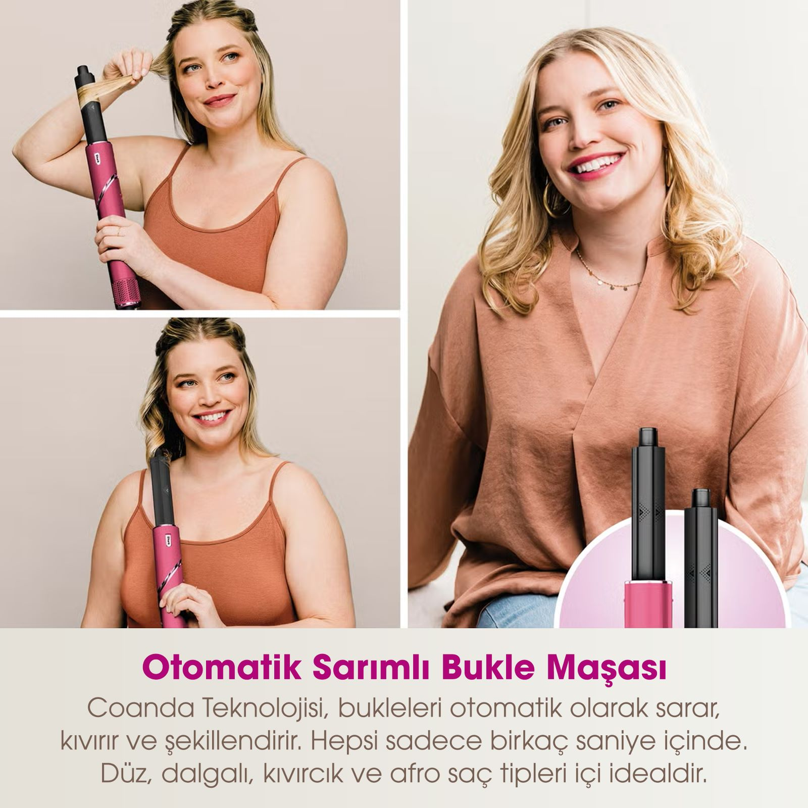 Bir kadın maşa tutuyor. Maşayı ve kadını gösteren üç resim var.